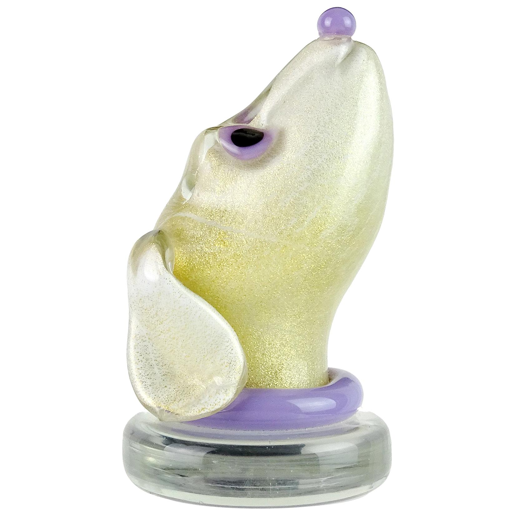 Murano White Gold Flecks Purple Italian Art Glass Puppy Dog Head Paperweight