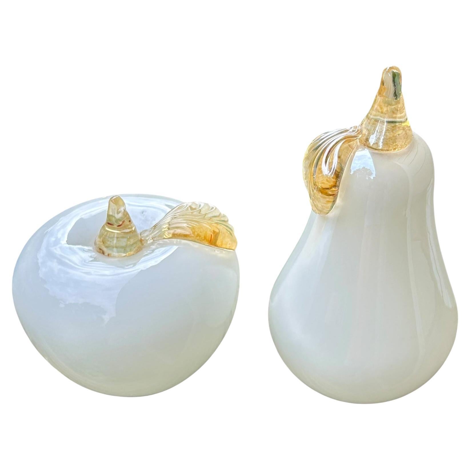 Gorgeous set of Murano handblown  white Italian art glass pear and apple sculptures. They are not bookends, but decorative pieces. In the manner of Archimede Seguso. The pear is 7 inches tall, apple 4 1/4 inches tall.