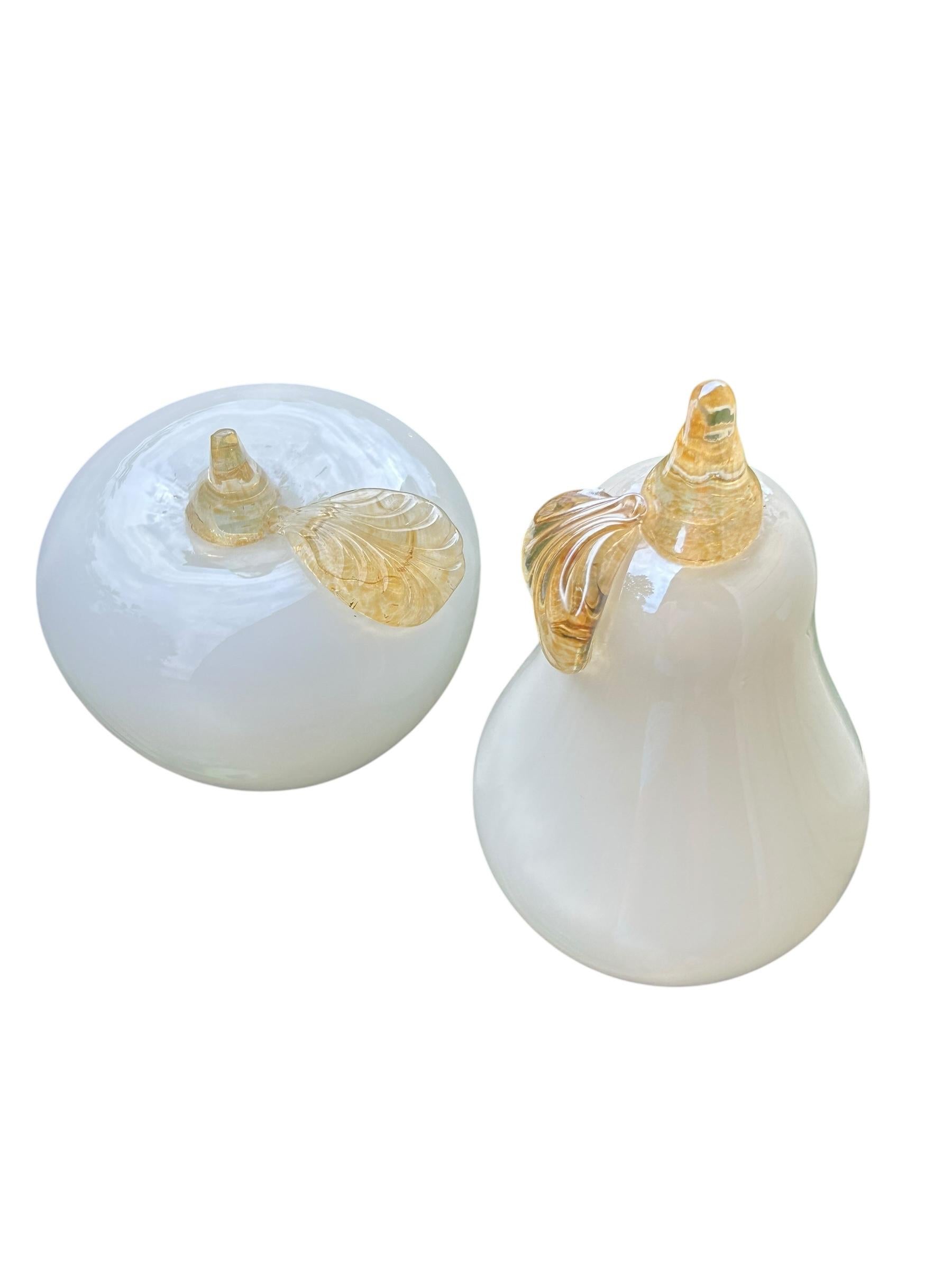 Mid-Century Modern Murano White Italian Art Glass Pear and Apple Fruit Sculptures For Sale