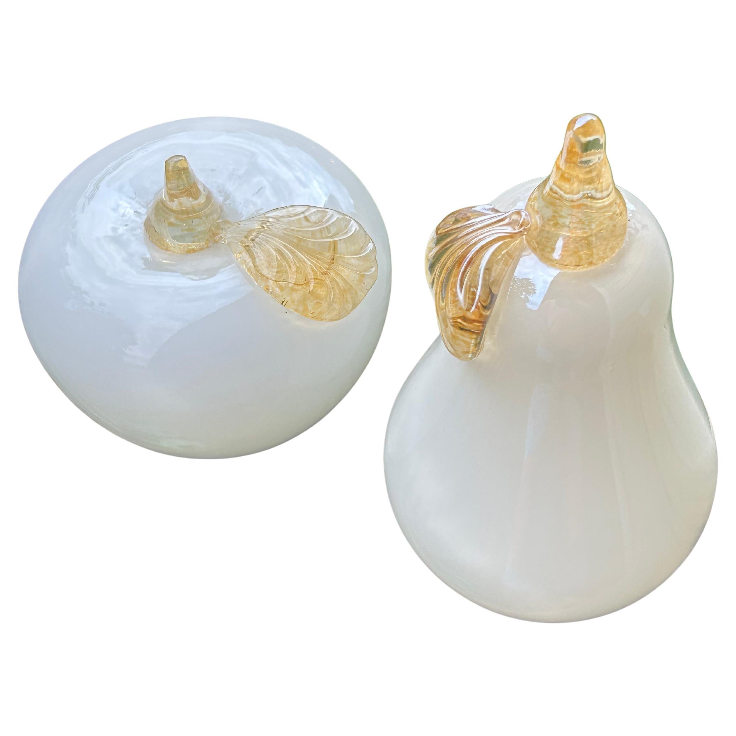 Murano White Italian Art Glass Pear and Apple Fruit Sculptures For Sale