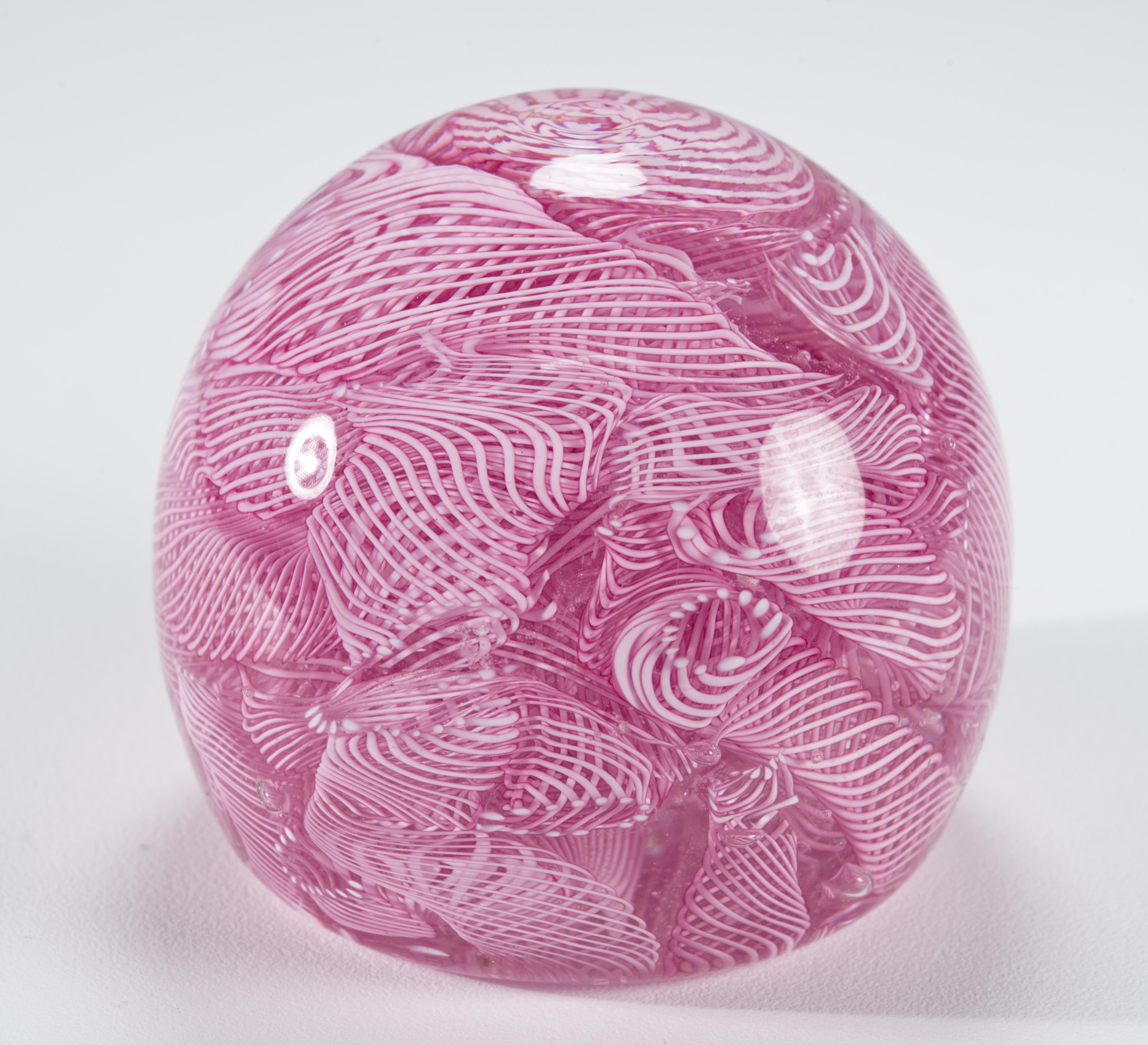 Mid-Century Modern Murano White Latticino Filigrana on Pink Glass Paperweight, Vintage For Sale