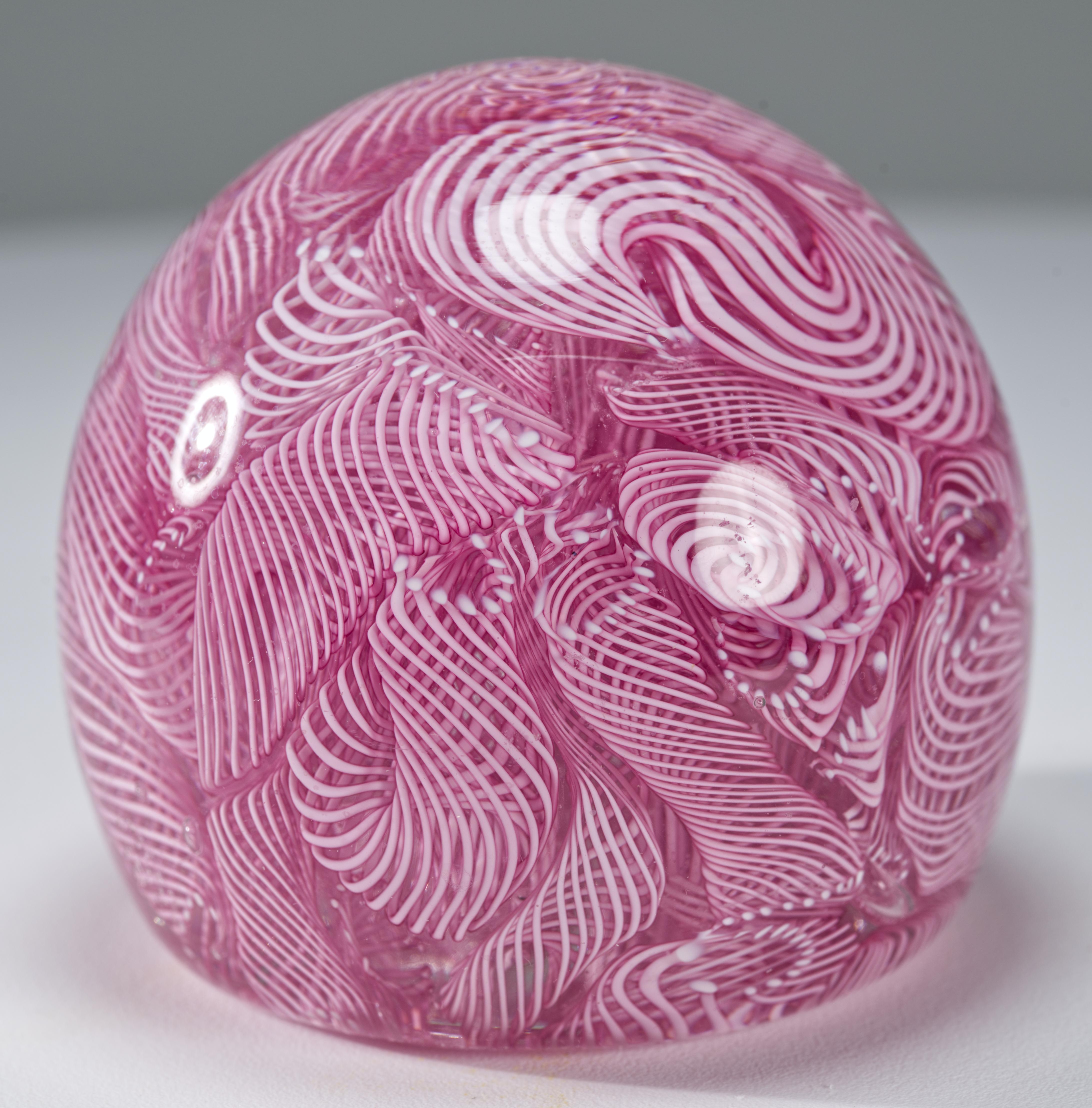 Hand-Crafted Murano White Latticino Filigrana on Pink Glass Paperweight, Vintage For Sale