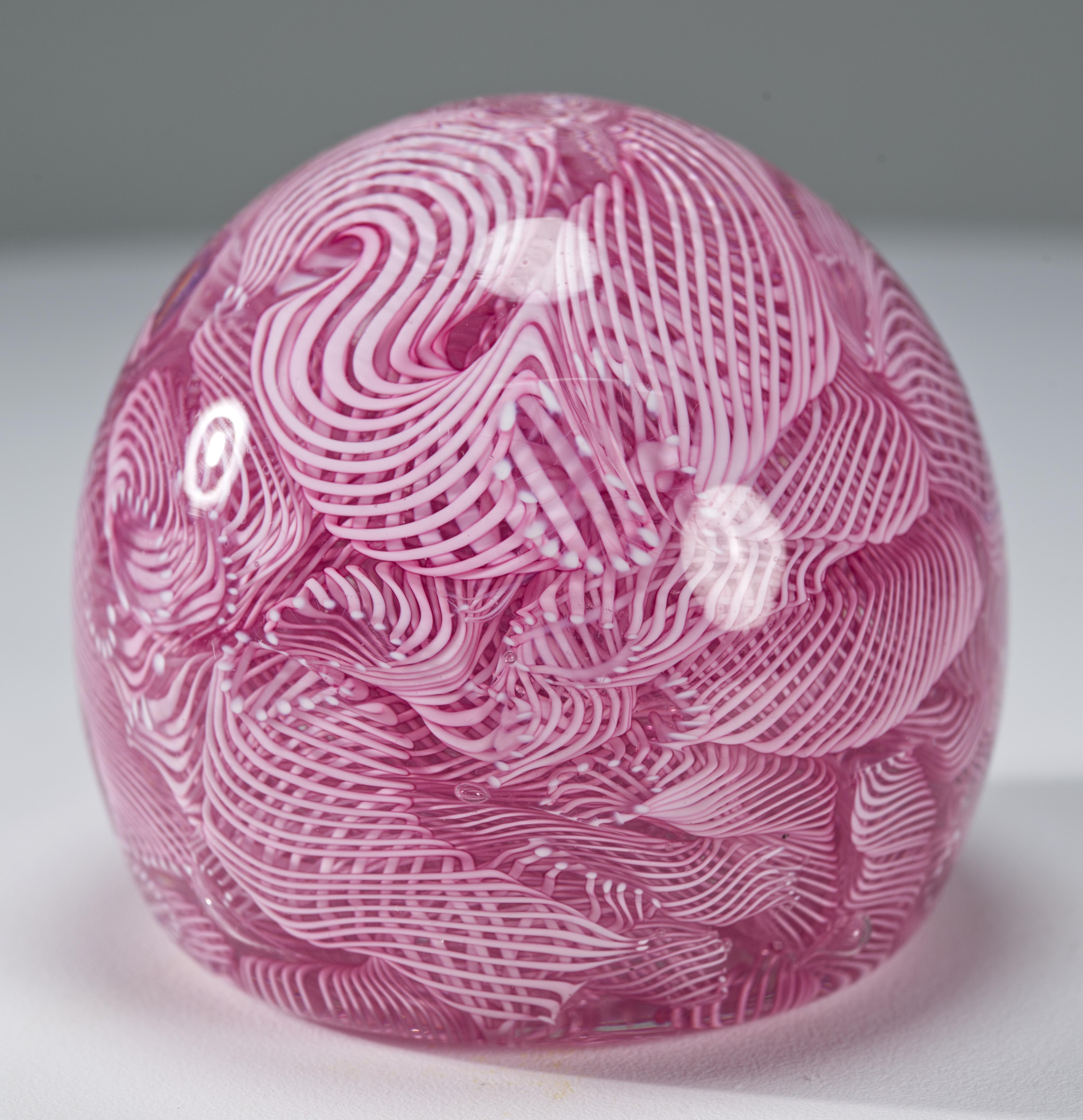 Murano White Latticino Filigrana on Pink Glass Paperweight, Vintage In Good Condition For Sale In Clifton Springs, NY