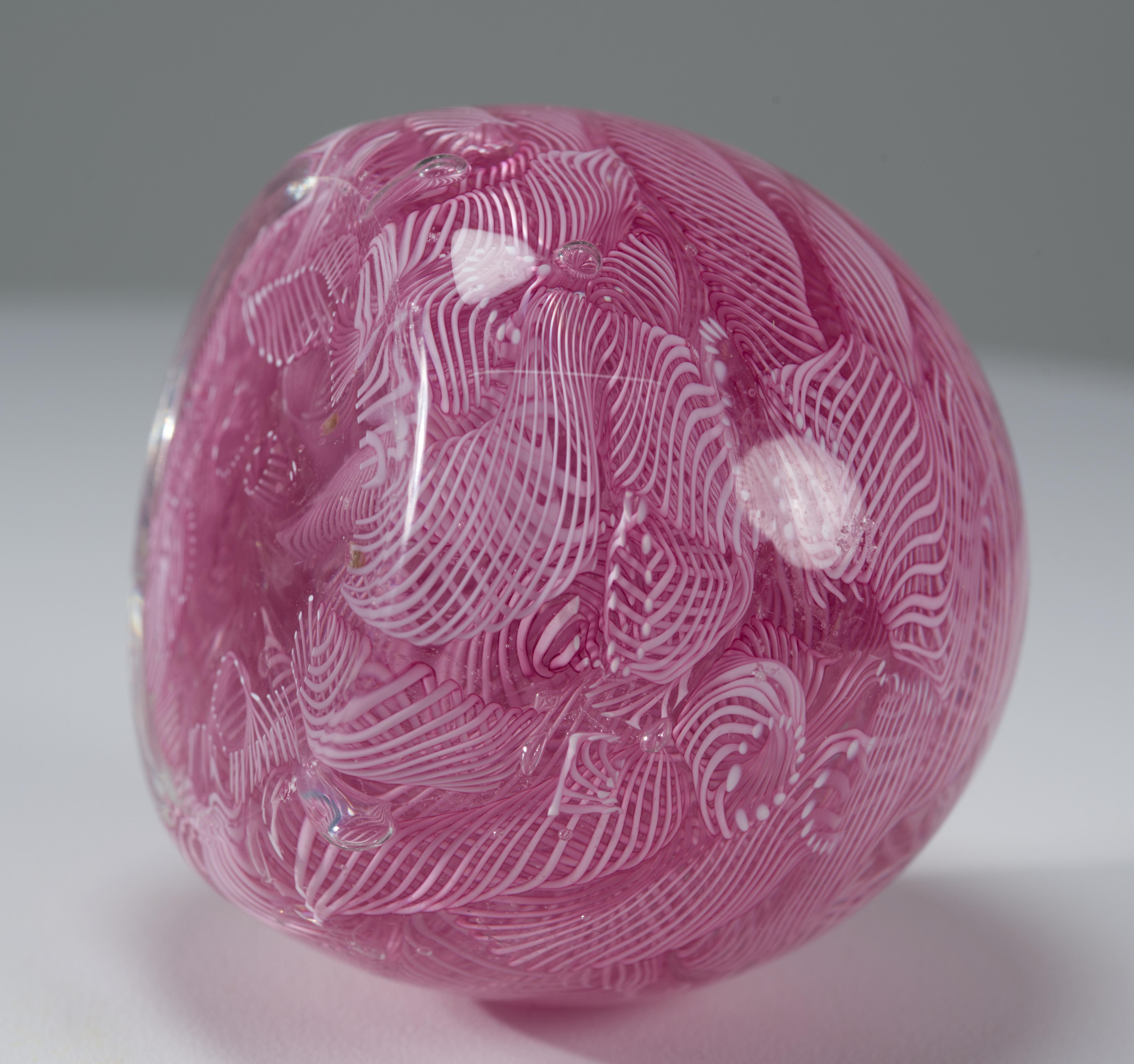 20th Century Murano White Latticino Filigrana on Pink Glass Paperweight, Vintage For Sale