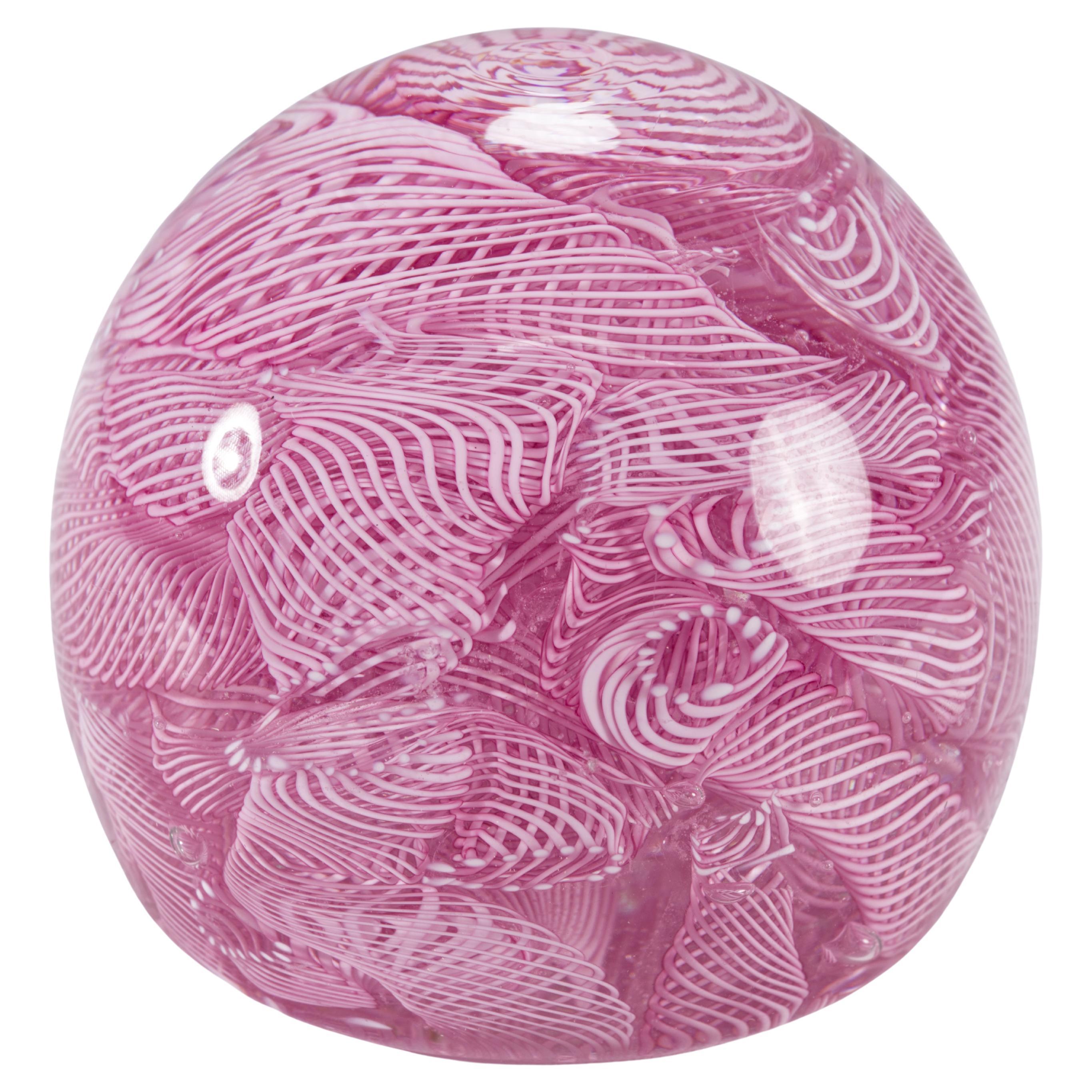 Murano White Latticino Filigrana on Pink Glass Paperweight, Vintage