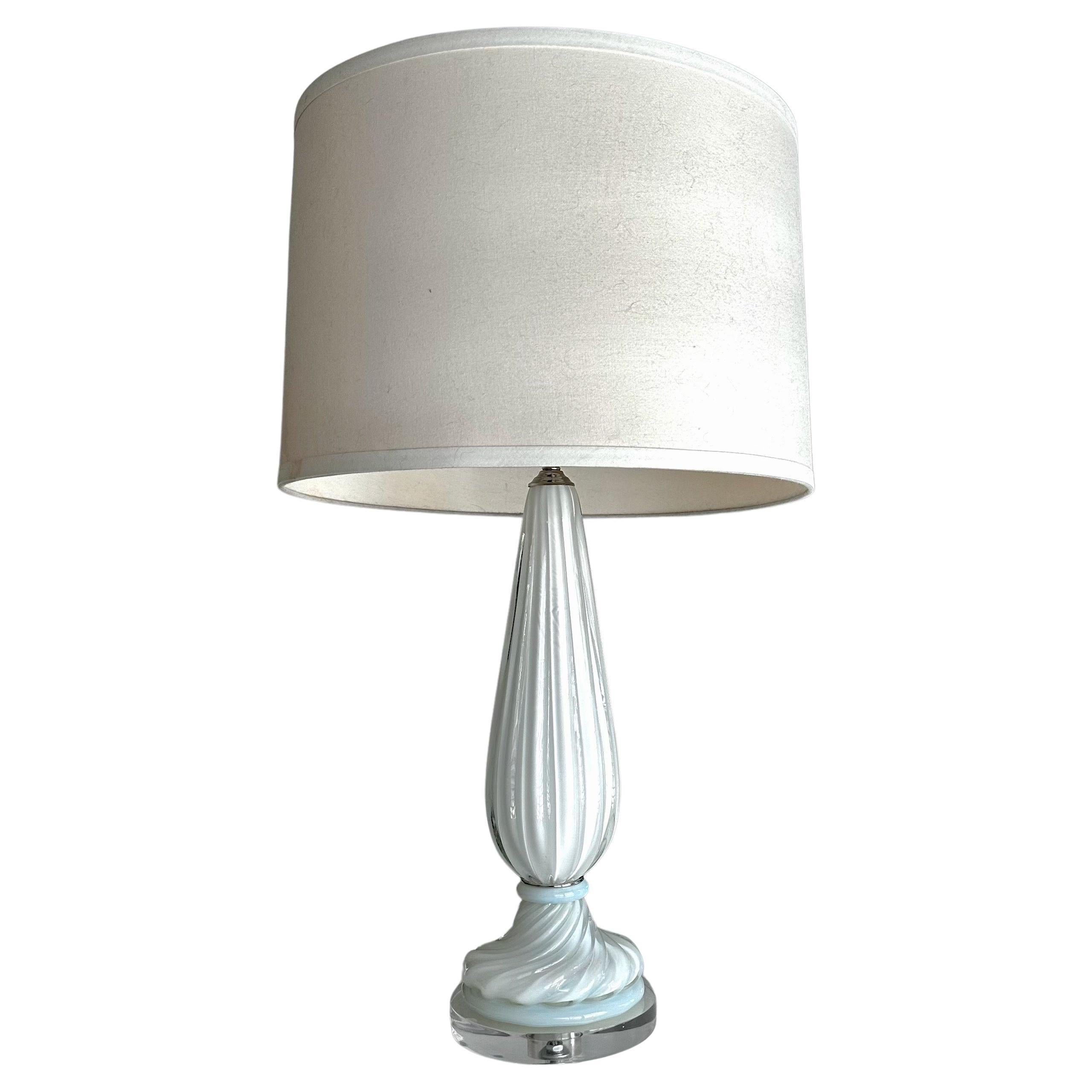 Murano White Opalescence Ribbed Glass Table Lamp For Sale