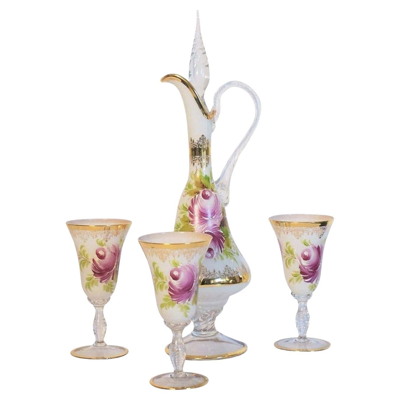 Murano White Opaline Crystal Glass Carafe and Glasses Set, Italy 1960s