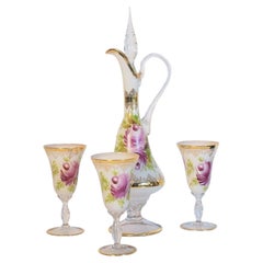 Murano White Opaline Crystal Glass Carafe and Glasses Set, Italy 1960s