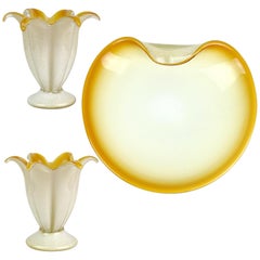 Murano White Orange Gold Flecks Italian Art Glass Flower Candlesticks Bowl Set