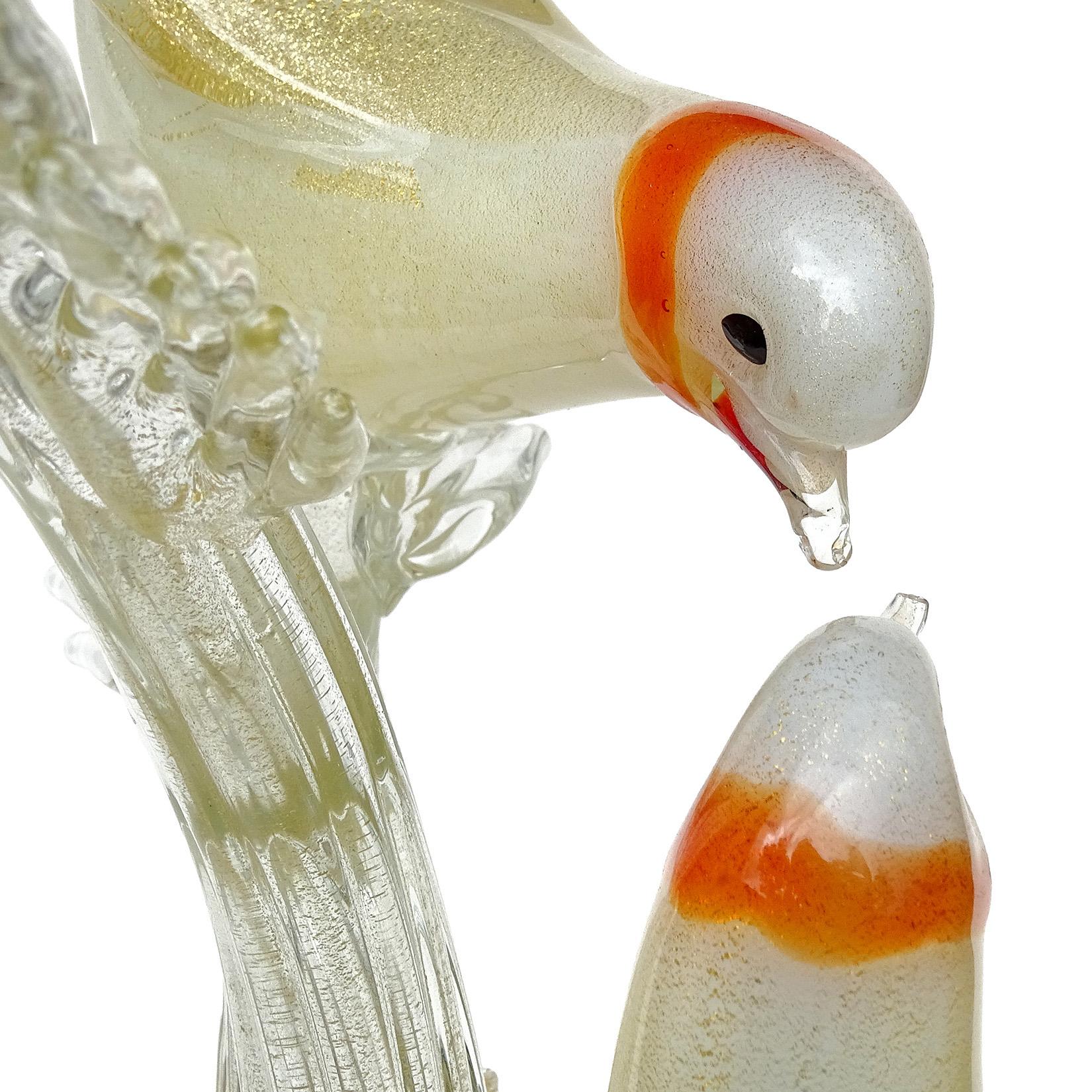 Murano White Orange Ring Neck Gold Flecks Italian Art Glass Dove Birds Sculpture 5