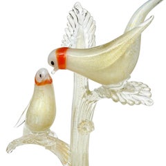 Murano White Orange Ring Neck Gold Flecks Italian Art Glass Dove Birds Sculpture