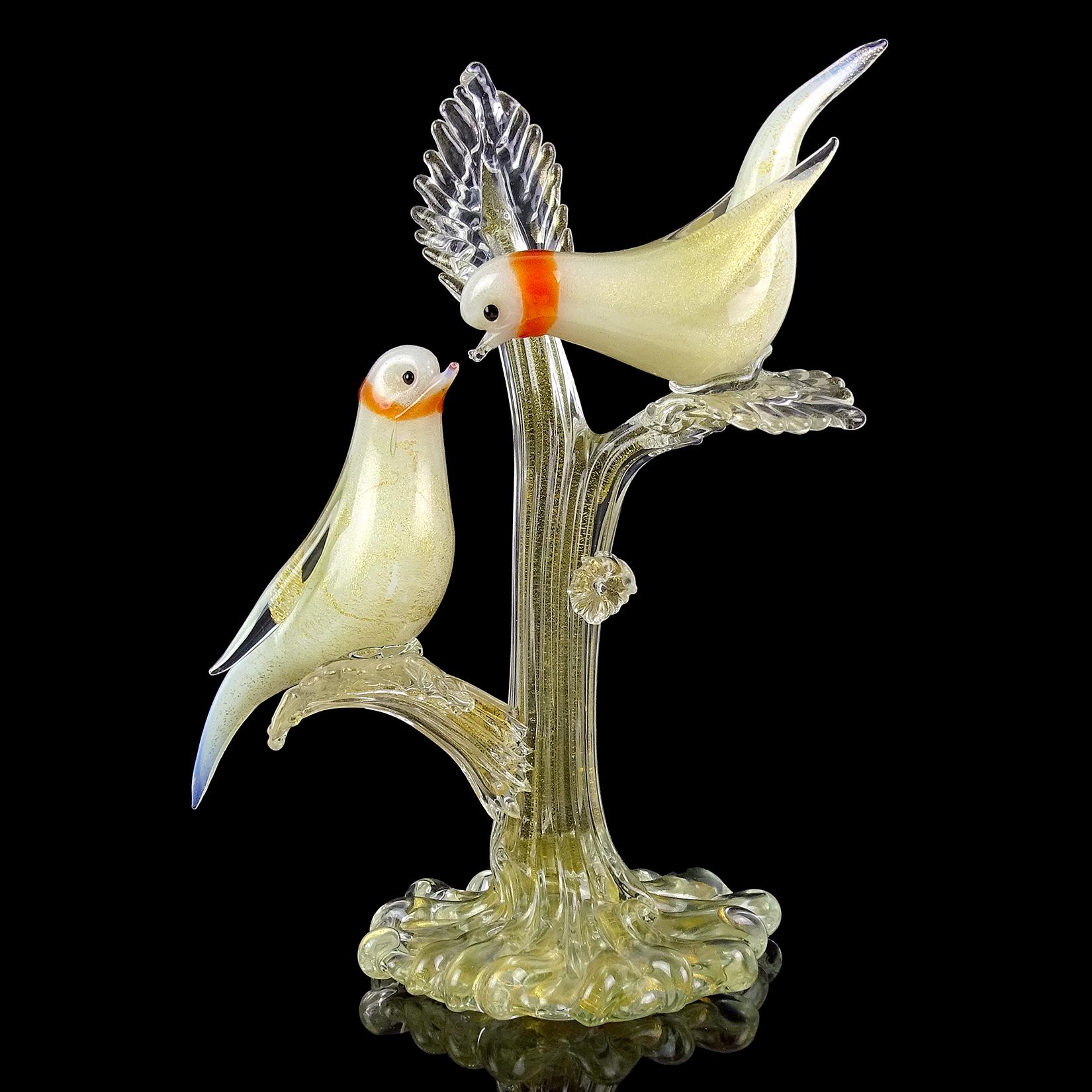 Hand-Crafted Murano White Orange Ring Neck Gold Flecks Italian Art Glass Dove Birds Sculpture