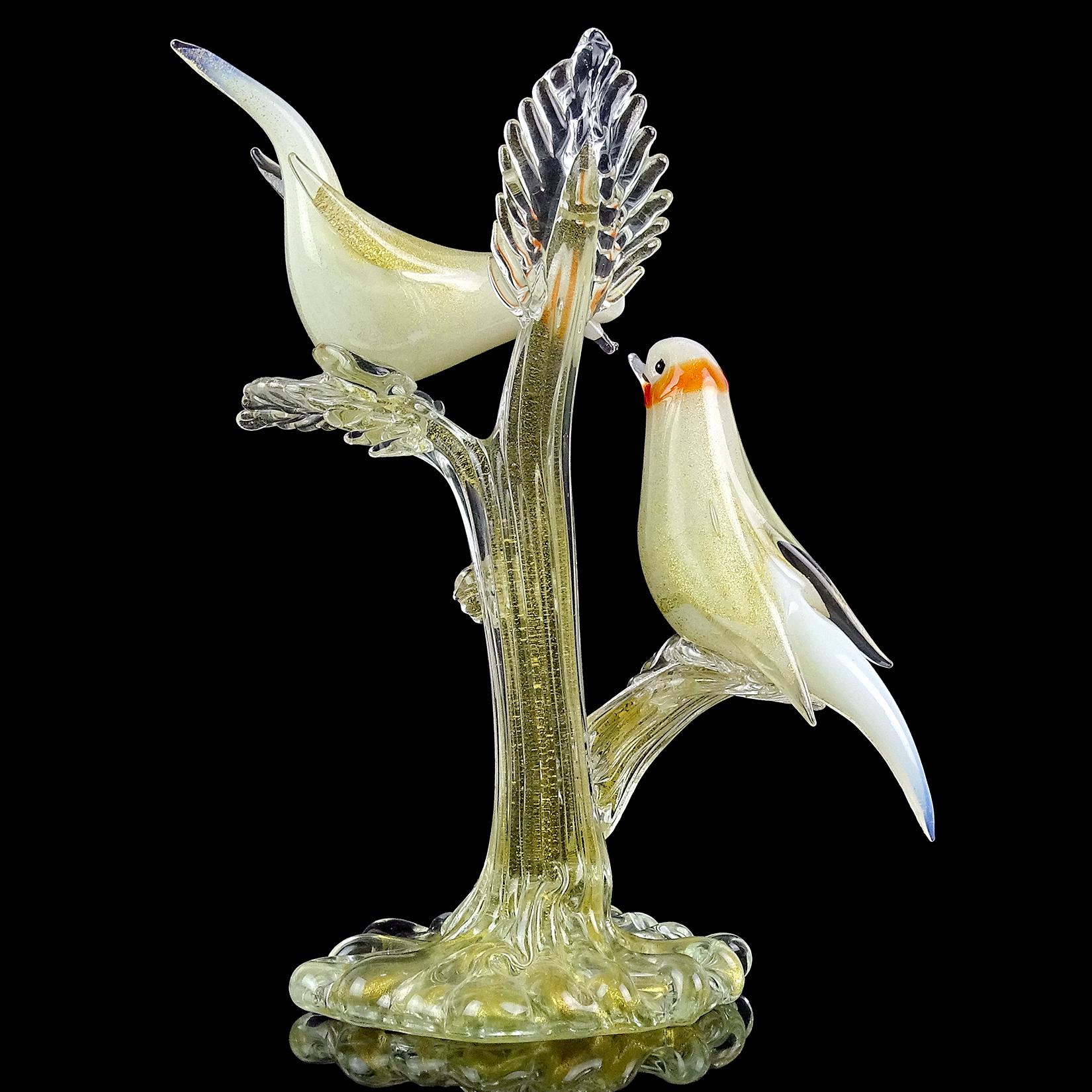 20th Century Murano White Orange Ring Neck Gold Flecks Italian Art Glass Dove Birds Sculpture