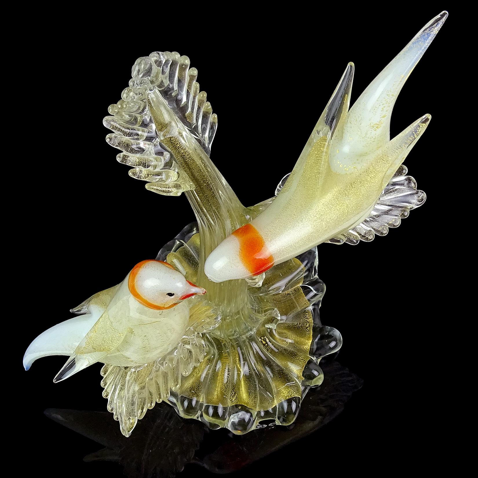 Murano White Orange Ring Neck Gold Flecks Italian Art Glass Dove Birds Sculpture 1