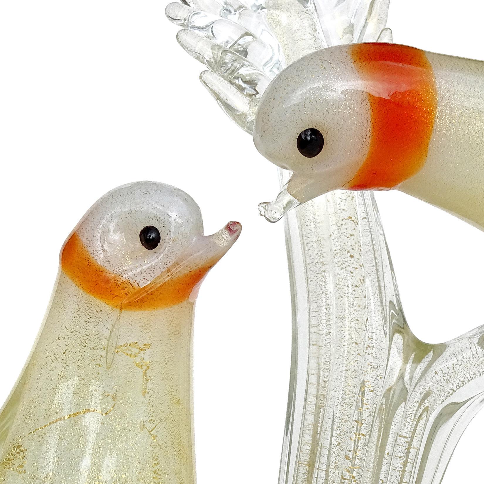 Murano White Orange Ring Neck Gold Flecks Italian Art Glass Dove Birds Sculpture 3