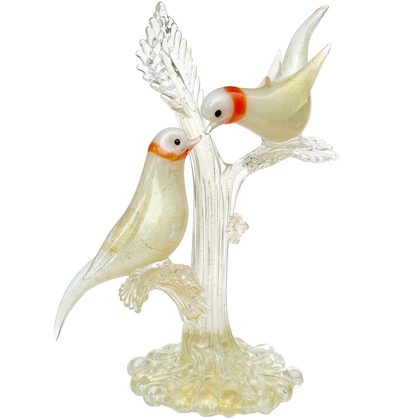 Murano White Orange Ring Neck Gold Flecks Italian Art Glass Dove Birds Sculpture