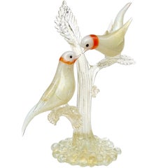 Murano White Orange Ring Neck Gold Flecks Italian Art Glass Dove Birds Sculpture