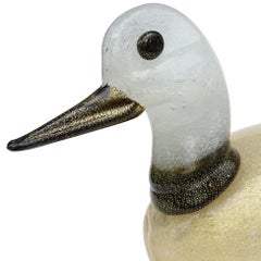 Murano White Pulegoso Bubbles Gold Leaf Italian Art Glass Duck Sculpture