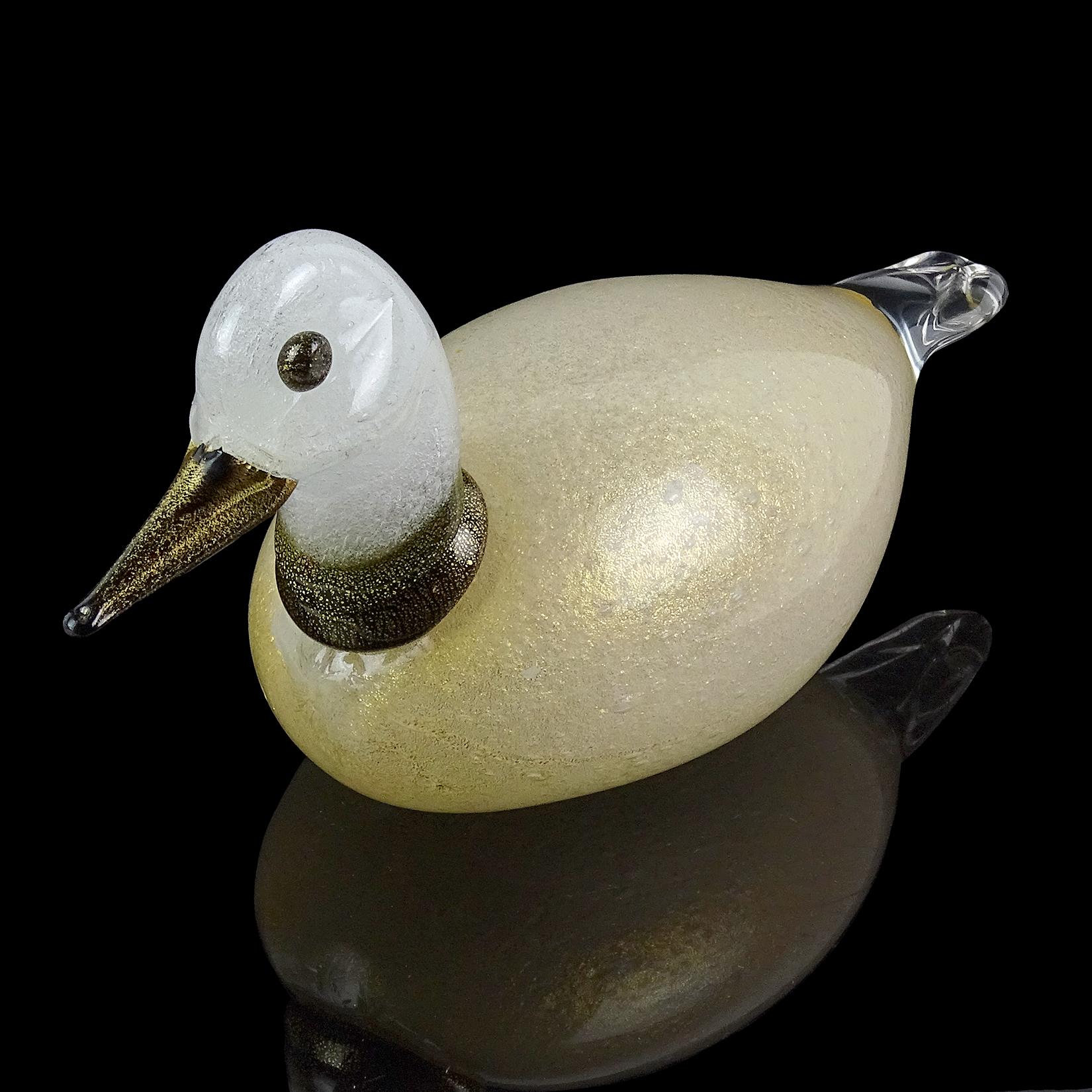 Mid-Century Modern Murano White Pulegoso Bubbles Gold Leaf Italian Art Glass Duck Sculpture For Sale