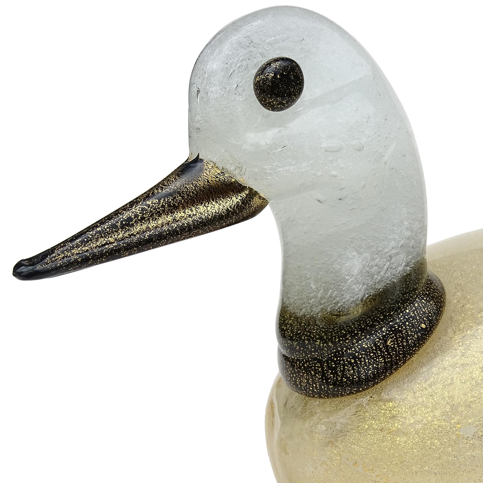Hand-Crafted Murano White Pulegoso Bubbles Gold Leaf Italian Art Glass Duck Sculpture For Sale