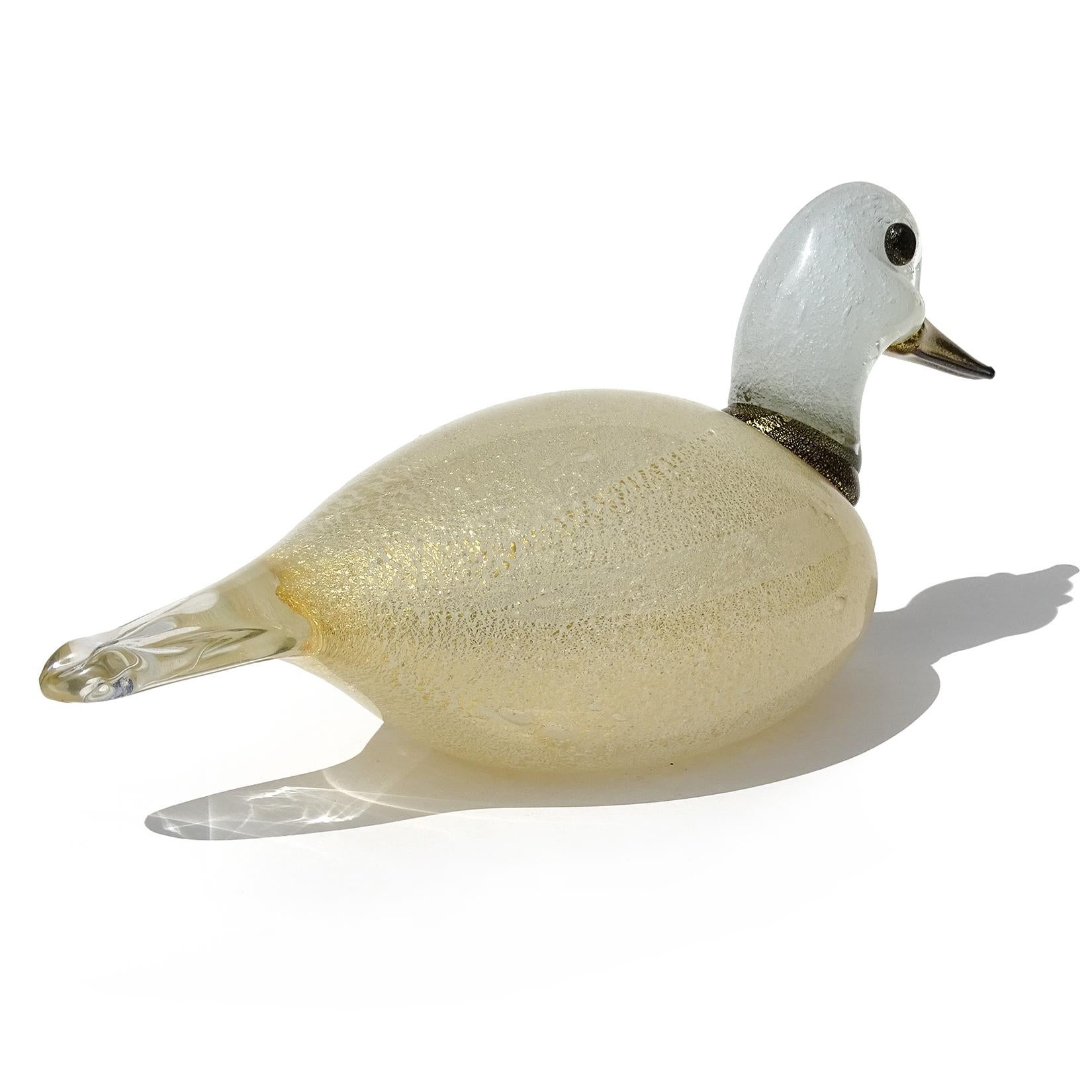 20th Century Murano White Pulegoso Bubbles Gold Leaf Italian Art Glass Duck Sculpture For Sale