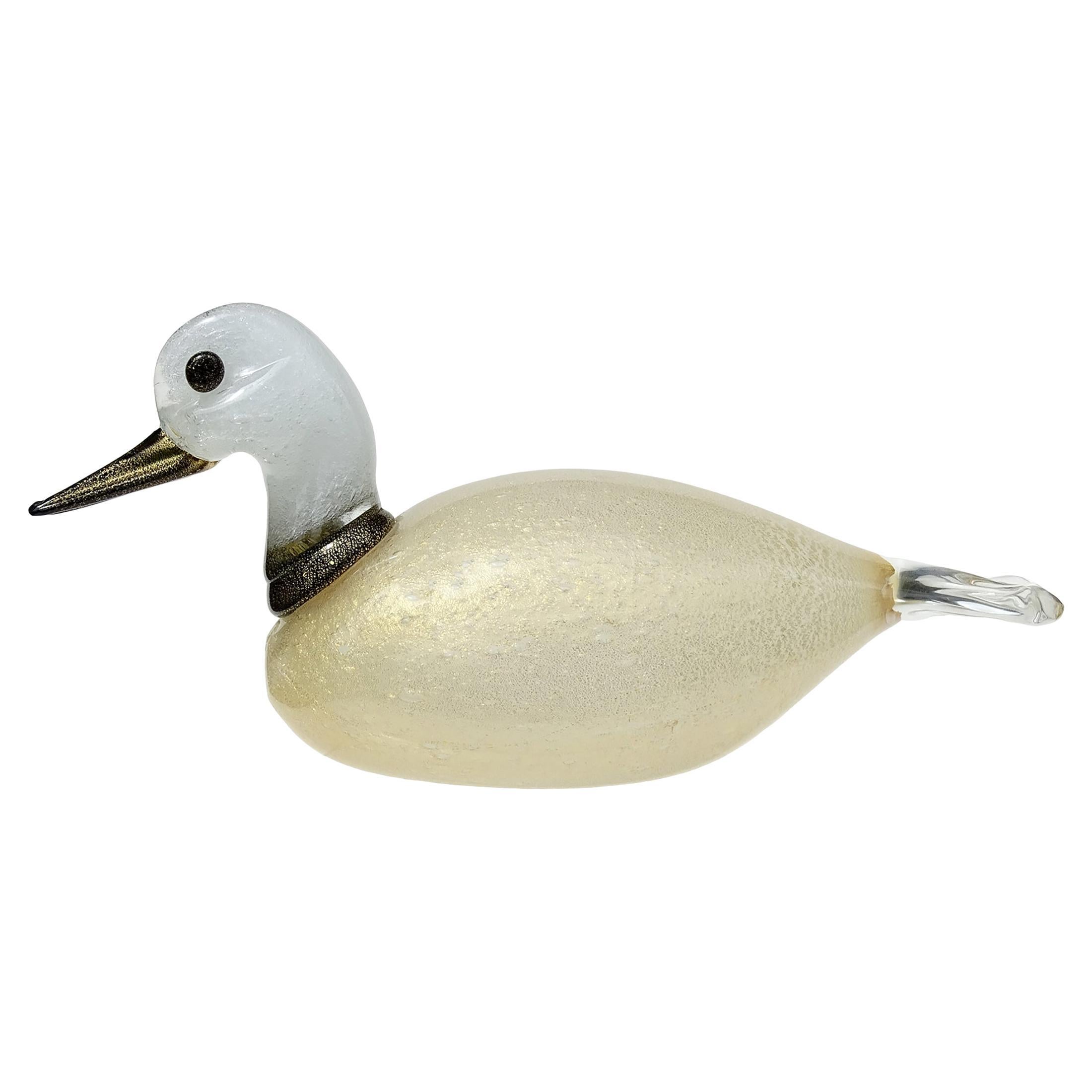 Italienische Entenskulptur aus Murano-Kunstglas in Weiß mit weißen Pulegoso-Blasenblasen und Blattgold im Angebot