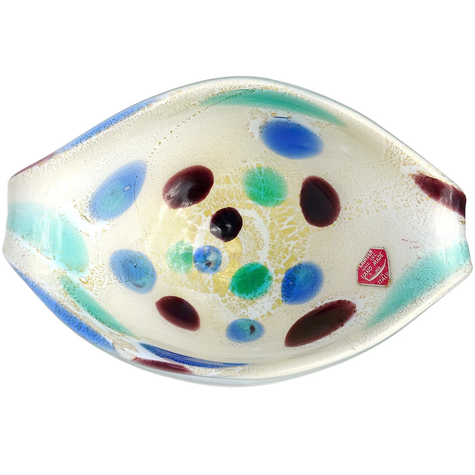 Schalen aus italienischem Murano-Kunstglas mit Schnörkeln und weißen Regenbogenflecken und Goldflecken (Handgefertigt) im Angebot