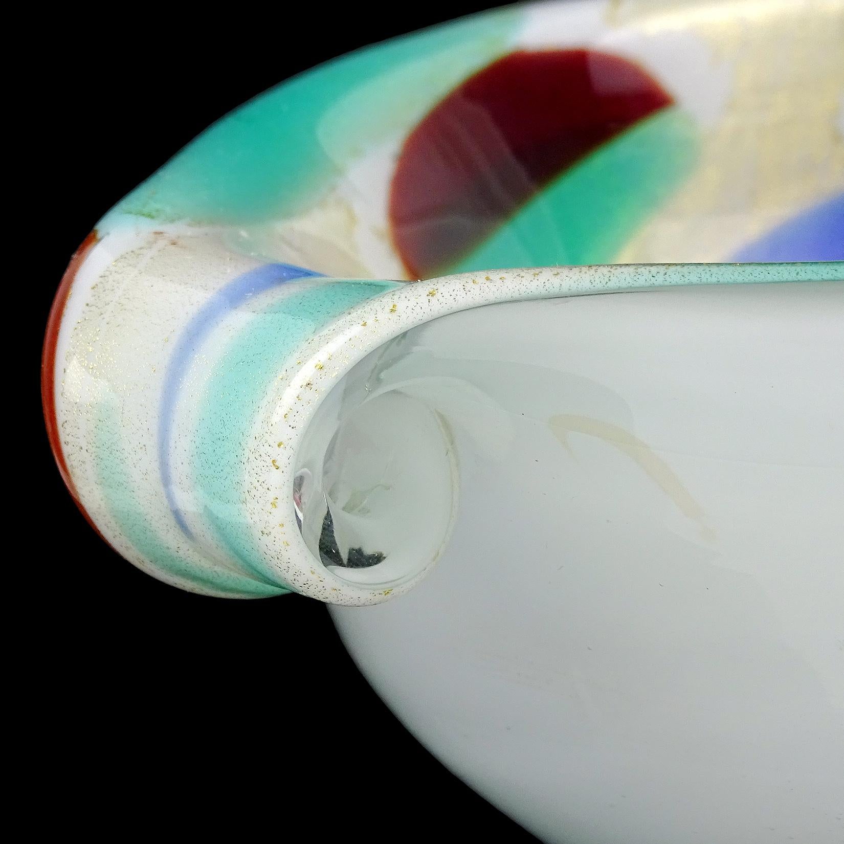 20th Century Murano White Rainbow Spots Gold Flecks Italian Art Glass Scroll Shell Bowls For Sale
