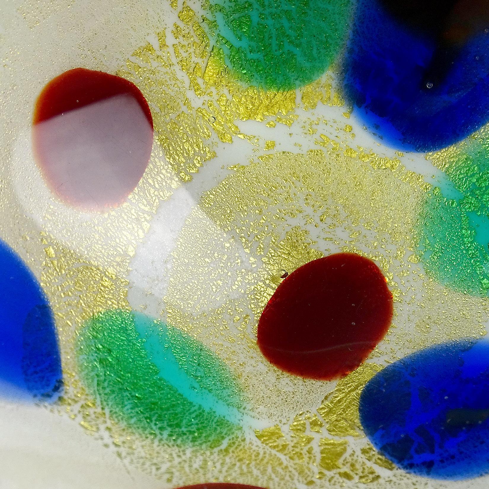 Murano White Rainbow Spots Gold Flecks Italian Art Glass Scroll Shell Bowls For Sale 1