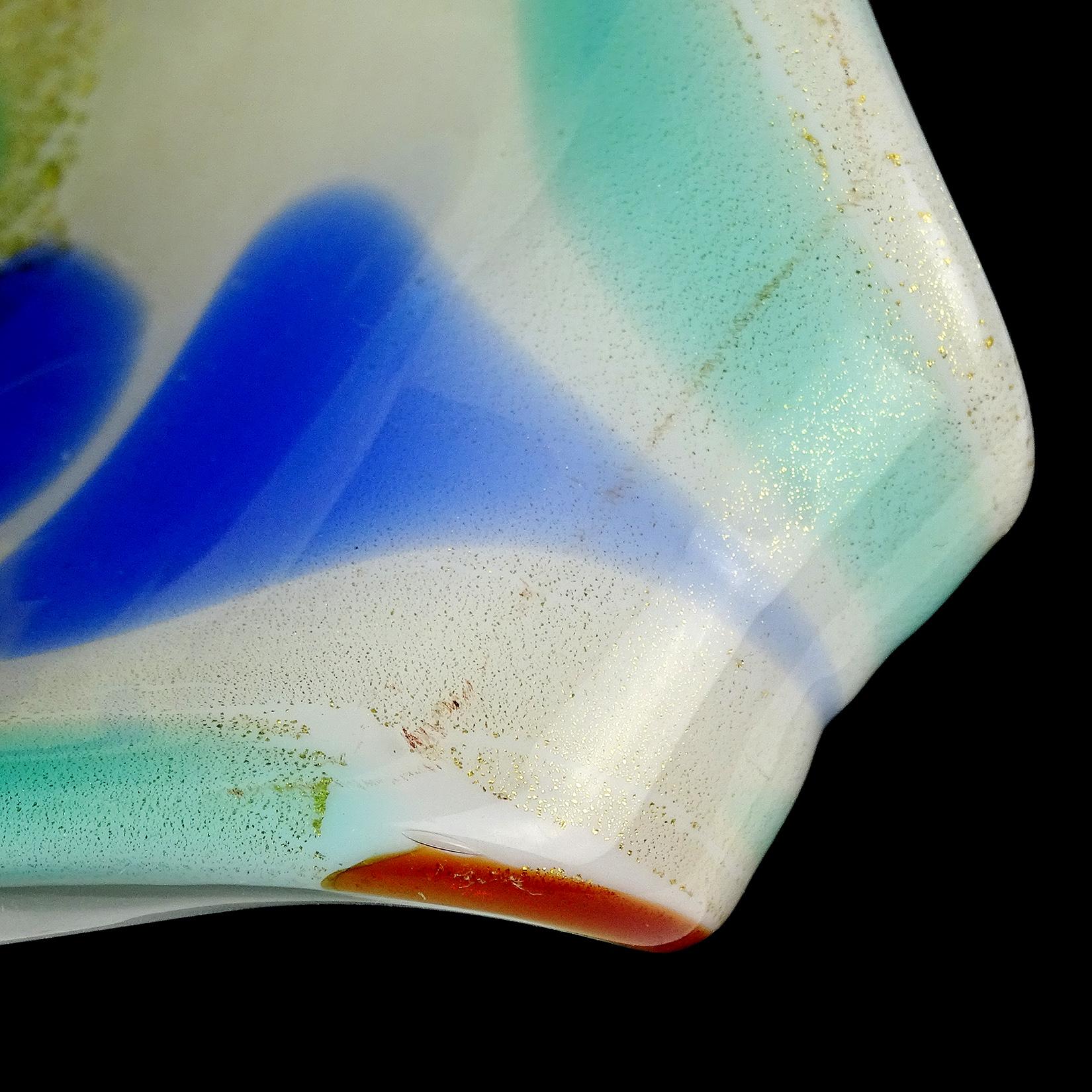 Murano White Rainbow Spots Gold Flecks Italian Art Glass Scroll Shell Bowls For Sale 3