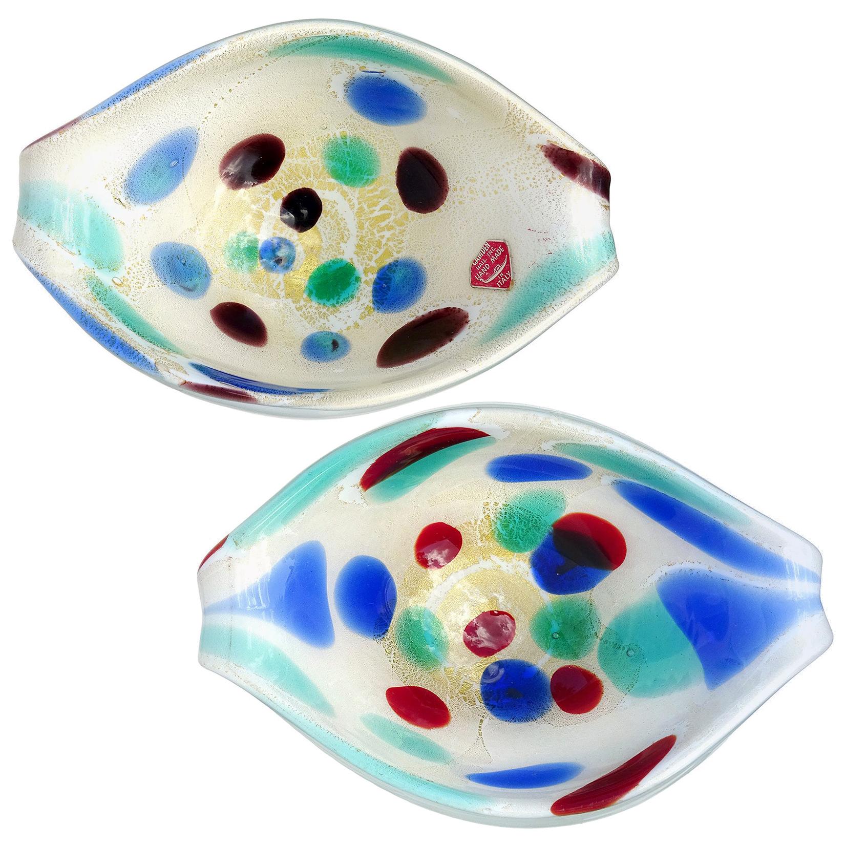 Murano White Rainbow Spots Gold Flecks Italian Art Glass Scroll Shell Bowls For Sale