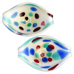 Murano White Rainbow Spots Gold Flecks Italian Art Glass Scroll Shell Bowls