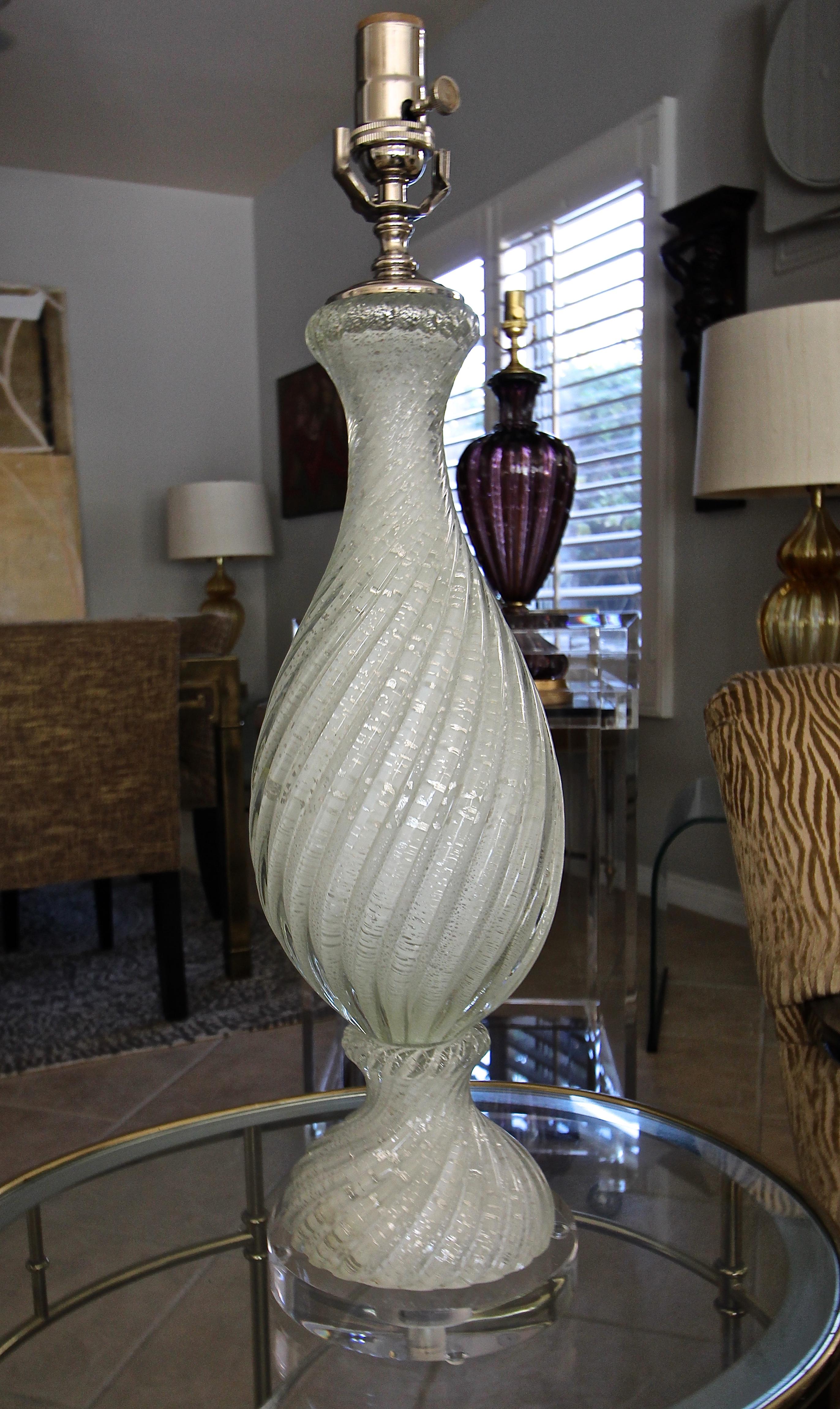 Murano White and Silver Inclusions Twisted Glass Table Lamp 6