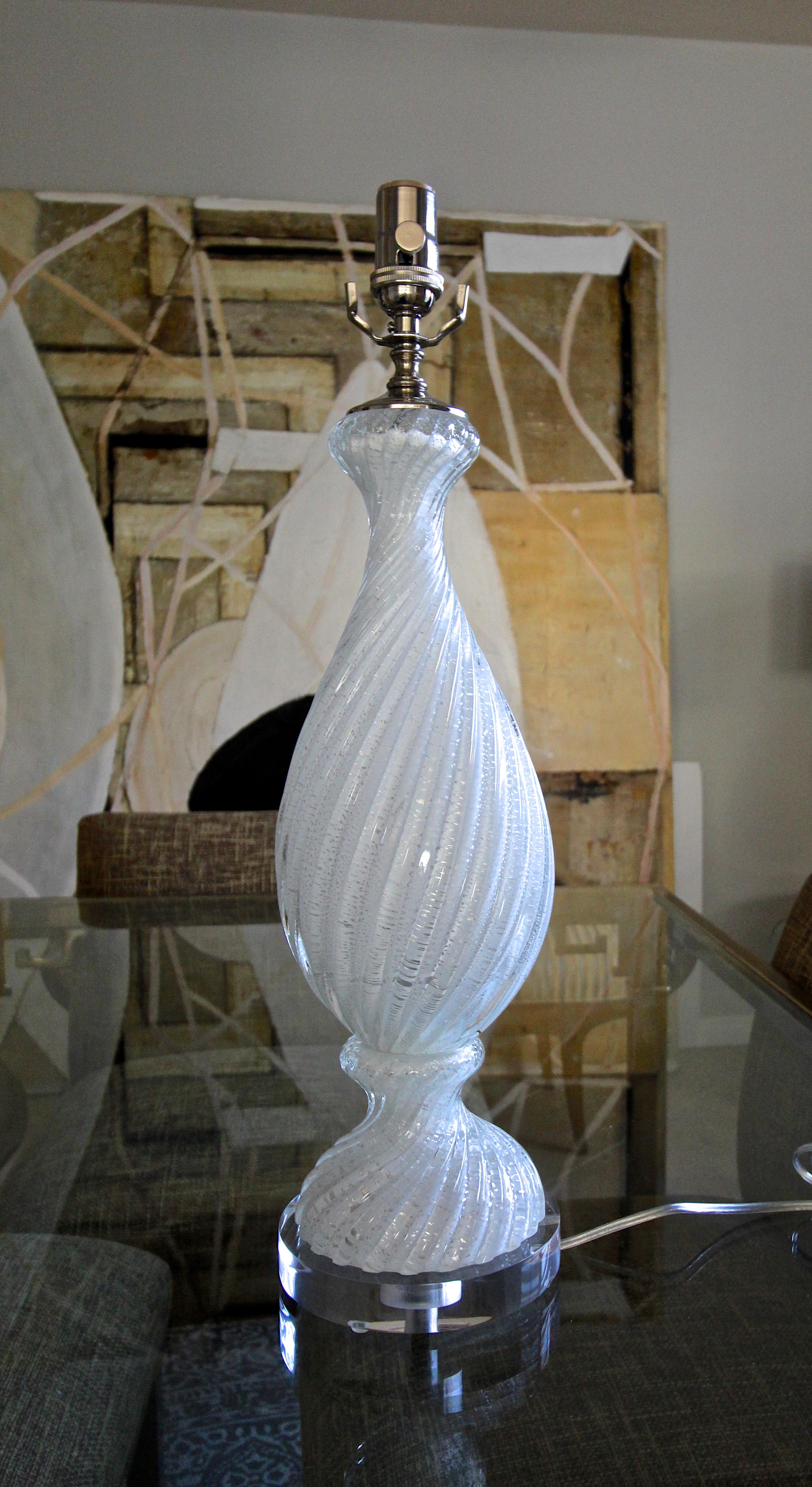 Italian Murano White and Silver Inclusions Twisted Glass Table Lamp
