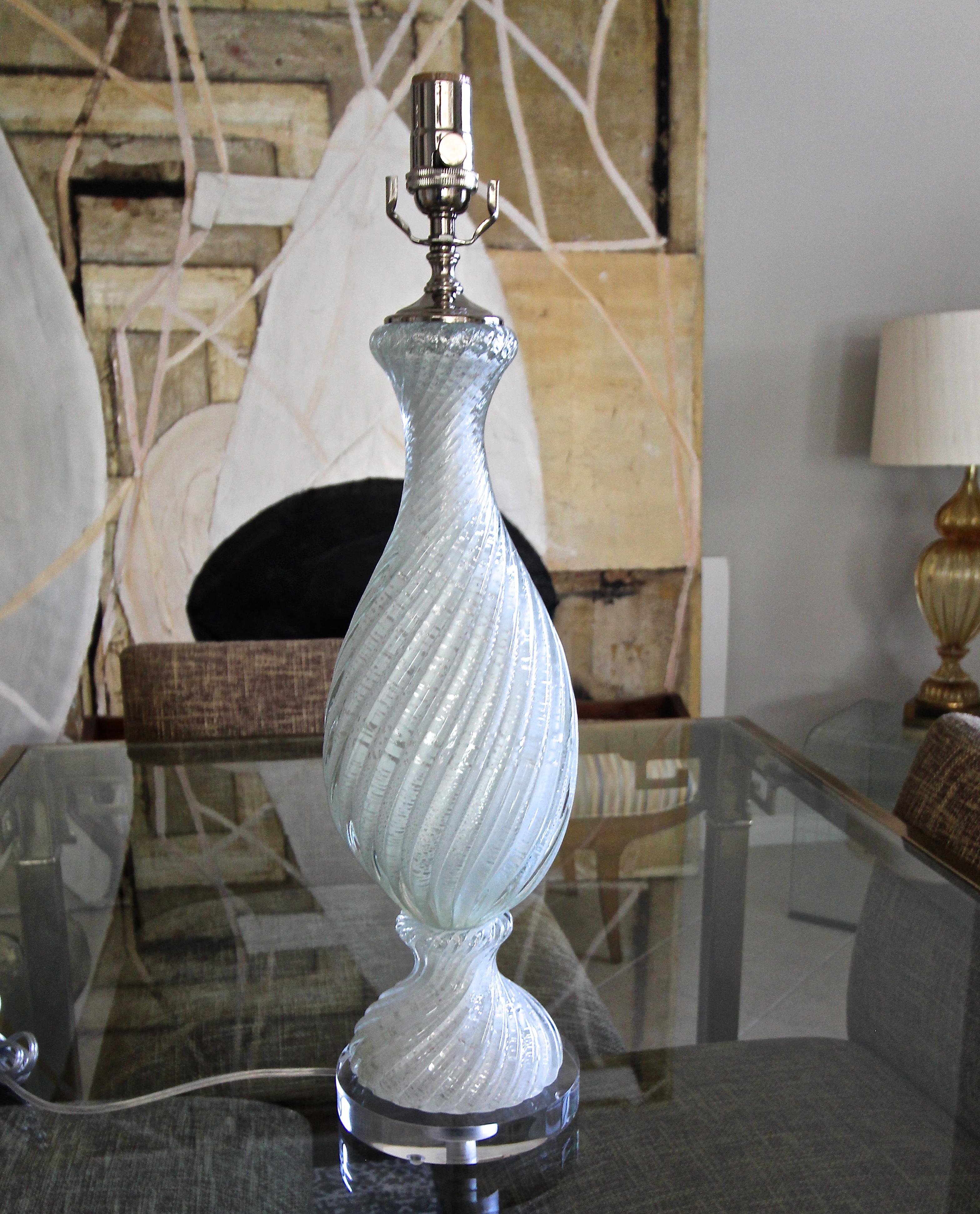 Italian Murano White and Silver Inclusions Twisted Glass Table Lamp