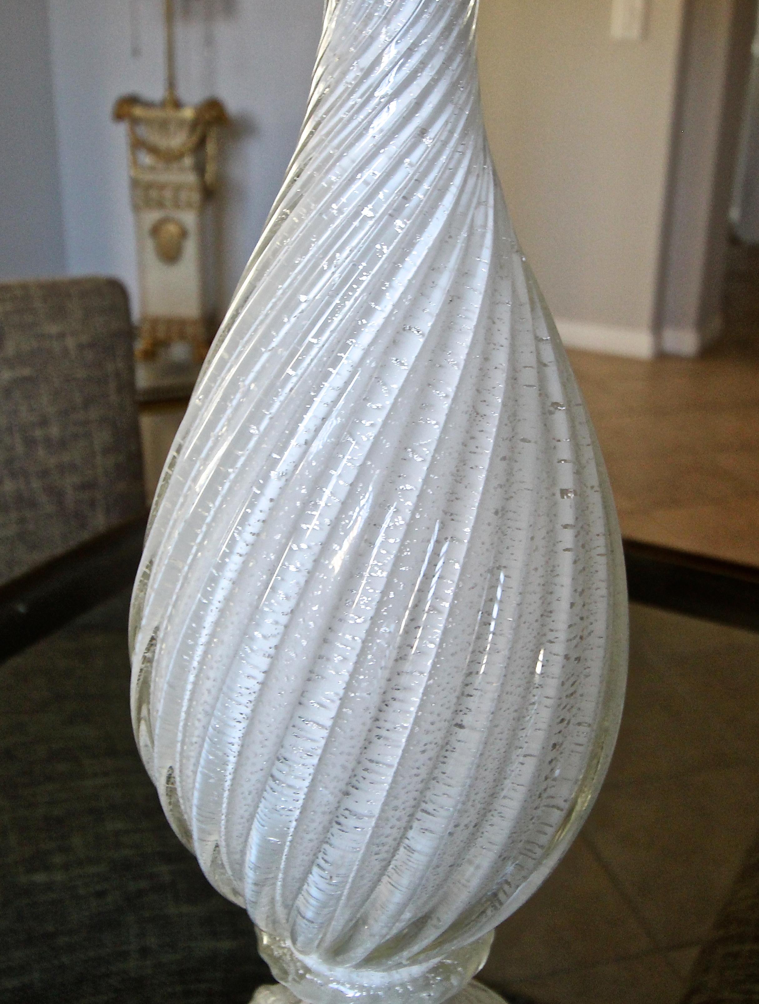 Blown Glass Murano White and Silver Inclusions Twisted Glass Table Lamp