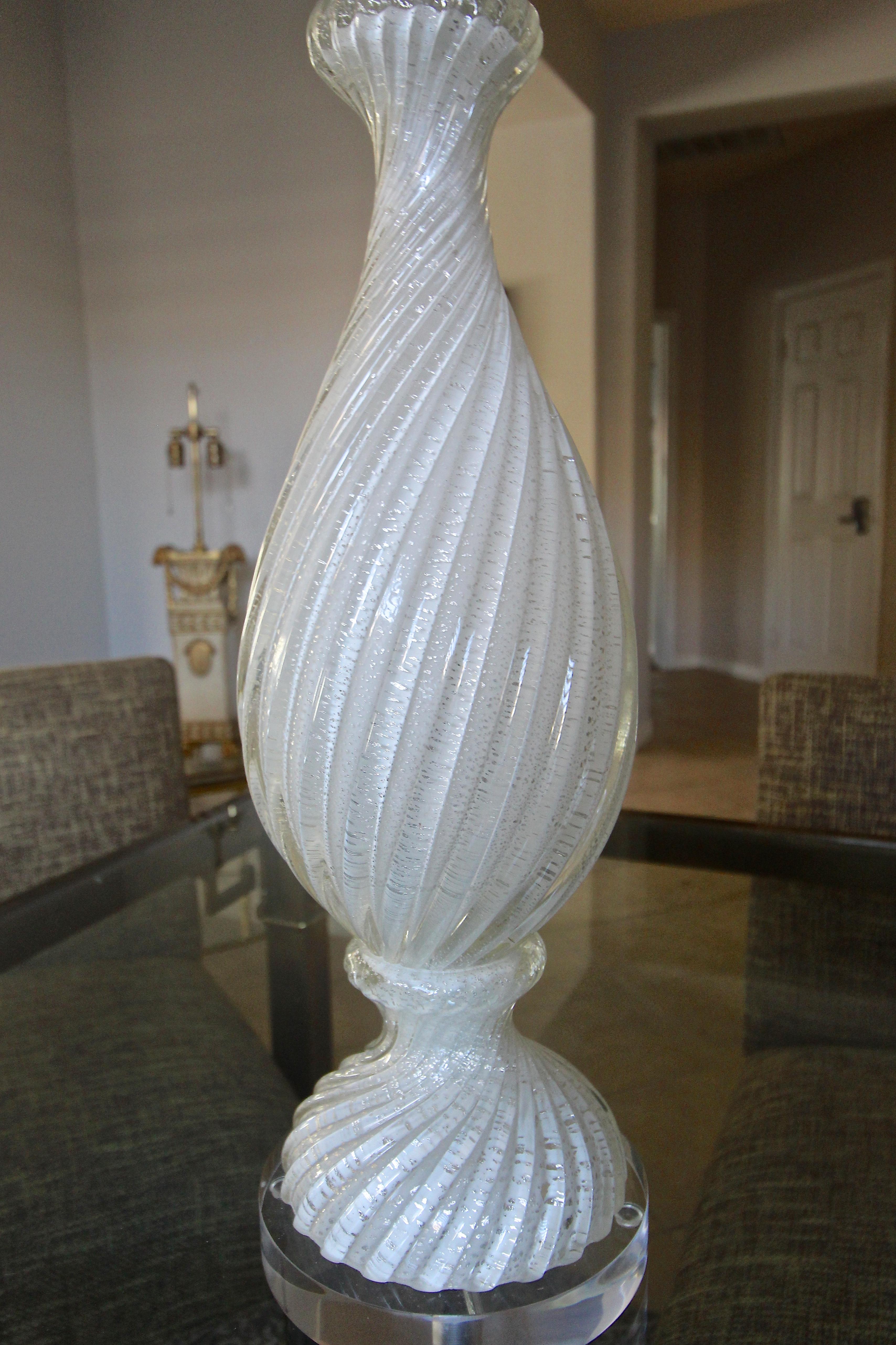 Murano White and Silver Inclusions Twisted Glass Table Lamp 1