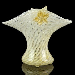 Murano White Swirl Gold Flecks Italian Art Deco Style Glass Applied Flowers Vase