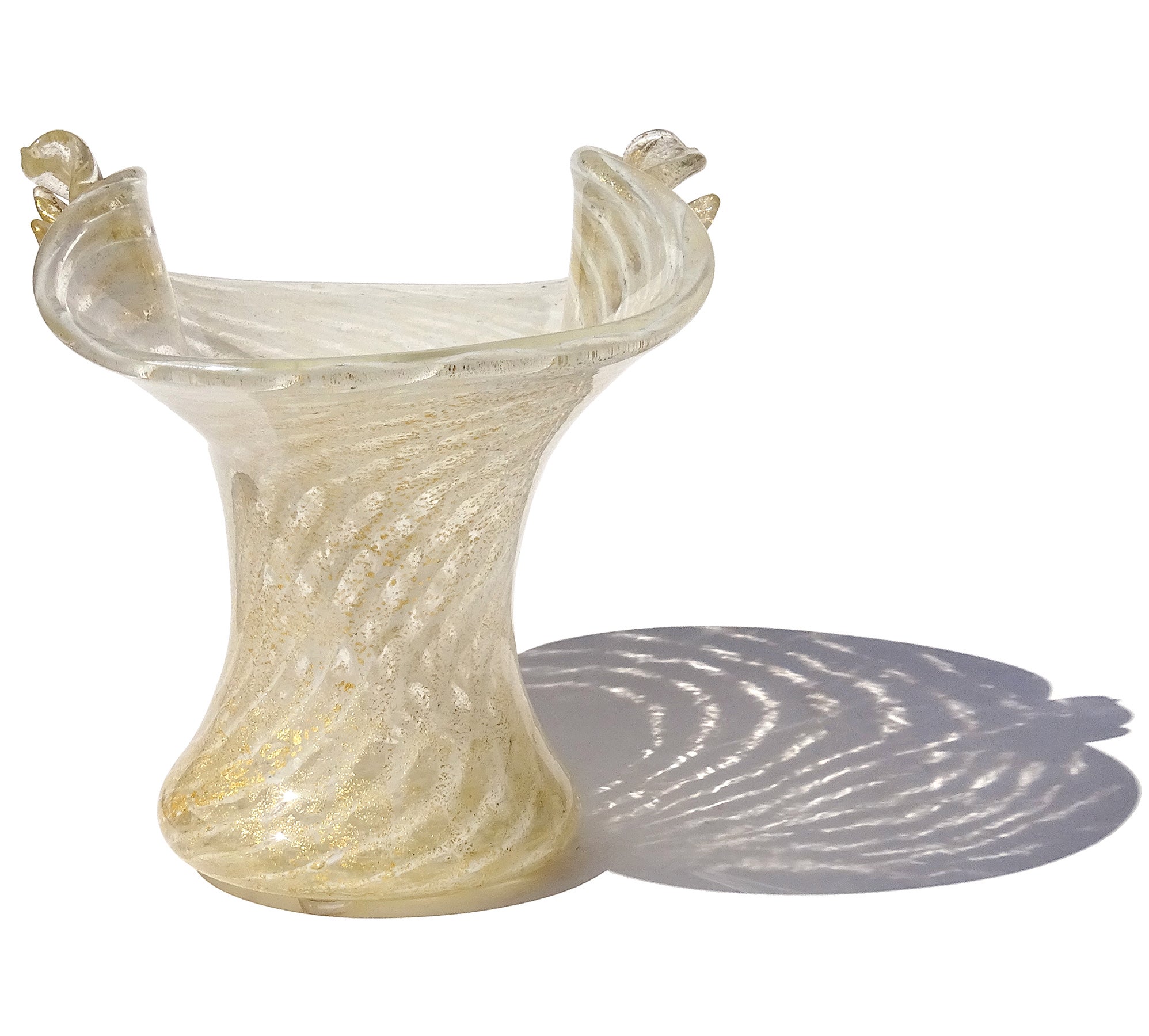 Murano Weiß Wirbel Gold Flecken Italienisch Art Deco Stil Glas Applied Blumen Vase (Art déco) im Angebot