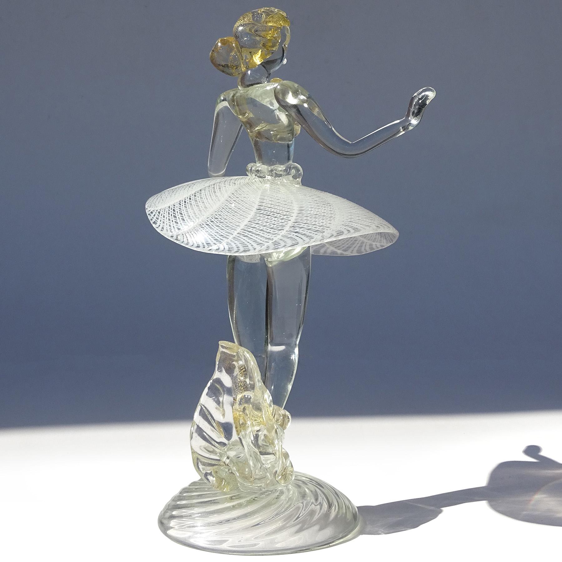 Murano White Zanfirico Ribbons Gold Flecks Italian Art Glass Ballerina Sculpture For Sale 4