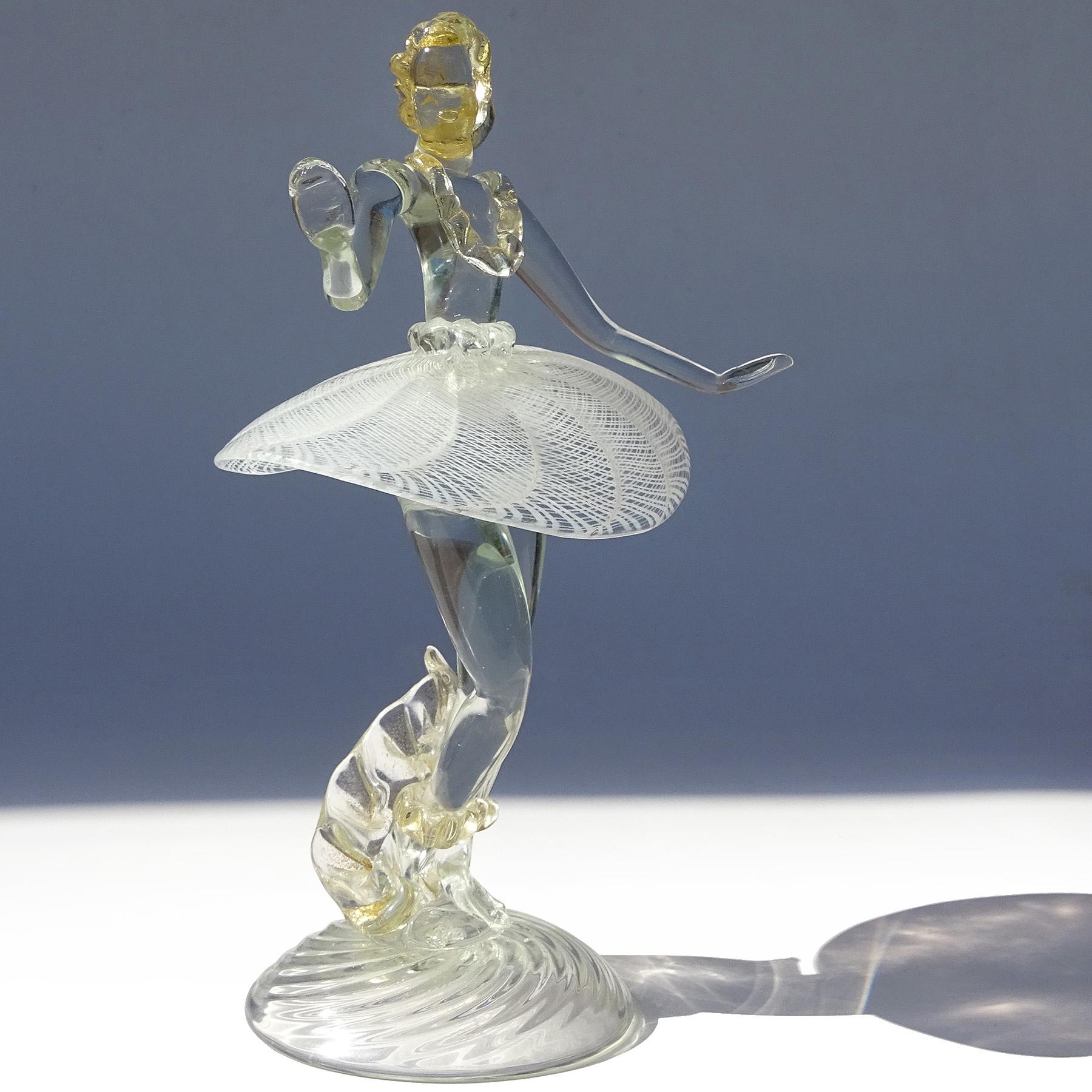 Murano White Zanfirico Ribbons Gold Flecks Italian Art Glass Ballerina Sculpture For Sale 5