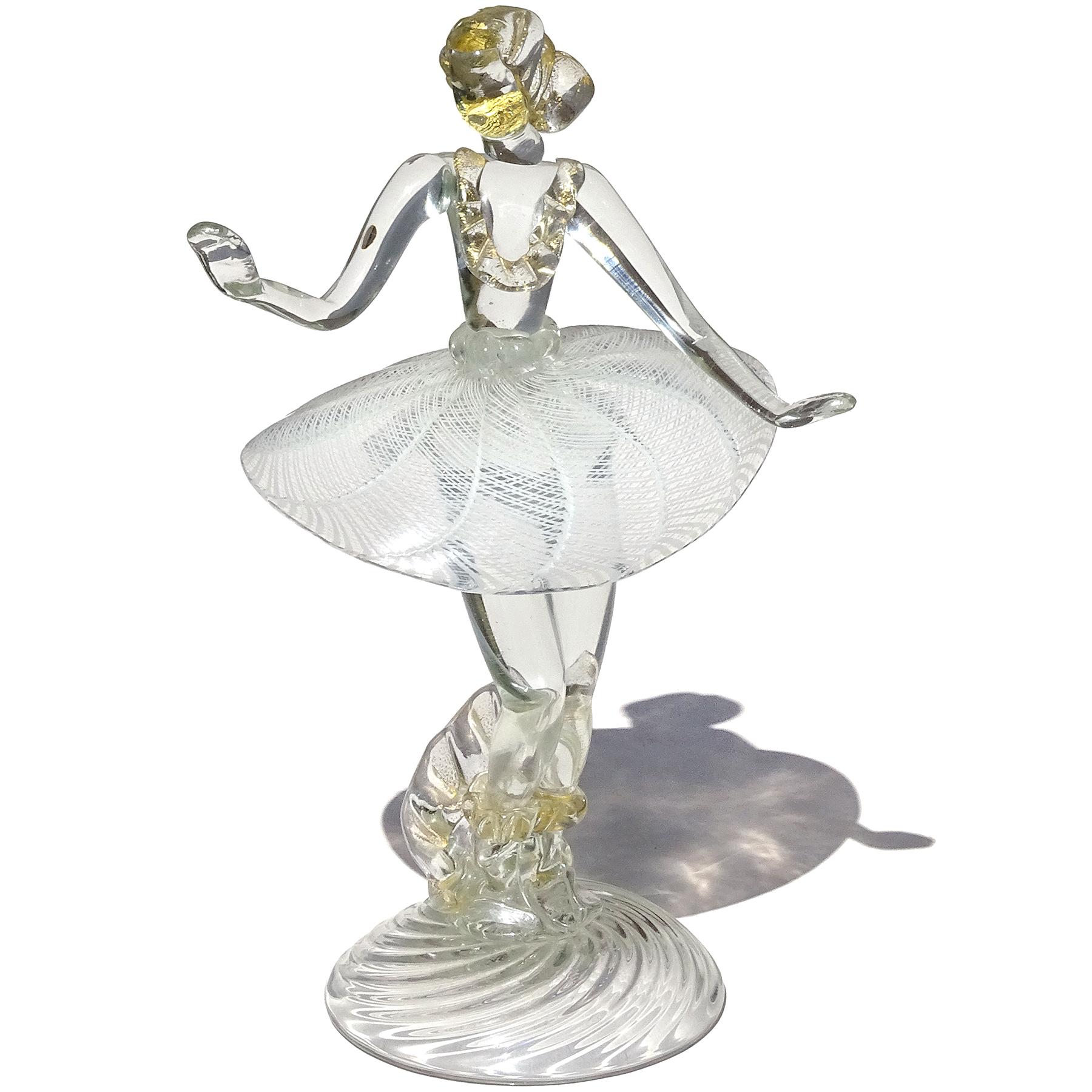 Mid-Century Modern Murano White Zanfirico Ribbons Gold Flecks Italian Art Glass Ballerina Sculpture For Sale
