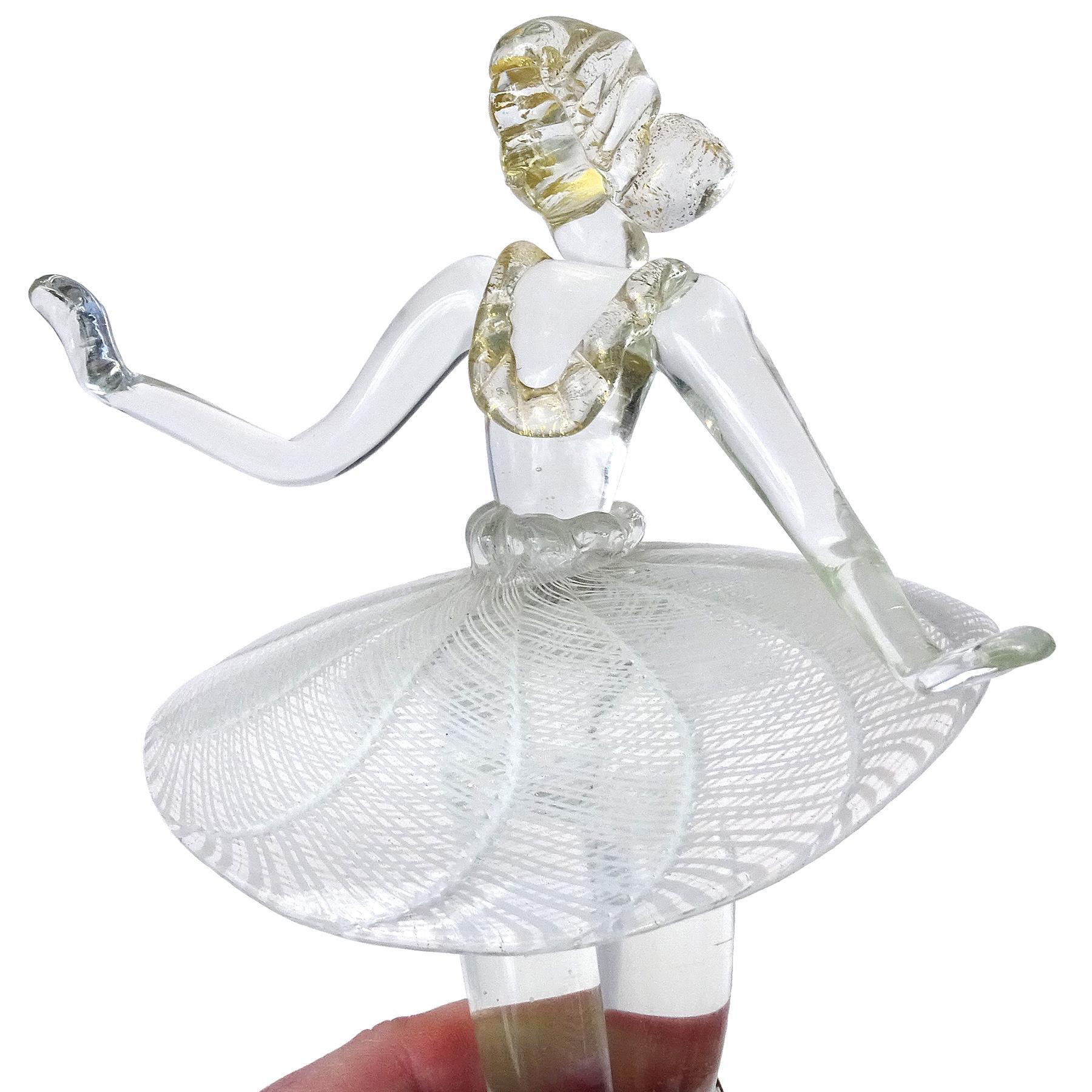 Hand-Crafted Murano White Zanfirico Ribbons Gold Flecks Italian Art Glass Ballerina Sculpture For Sale