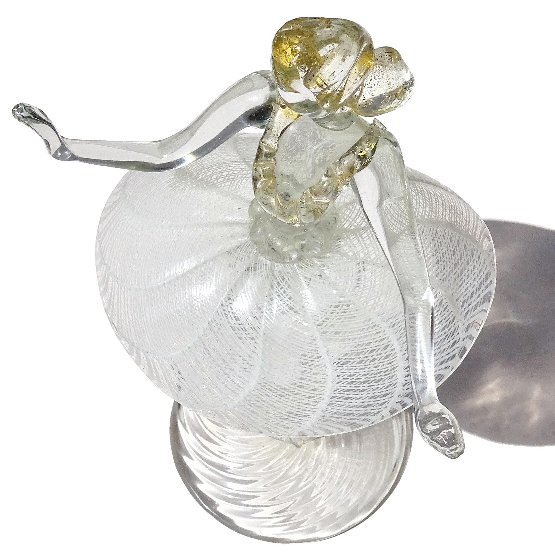 20th Century Murano White Zanfirico Ribbons Gold Flecks Italian Art Glass Ballerina Sculpture For Sale