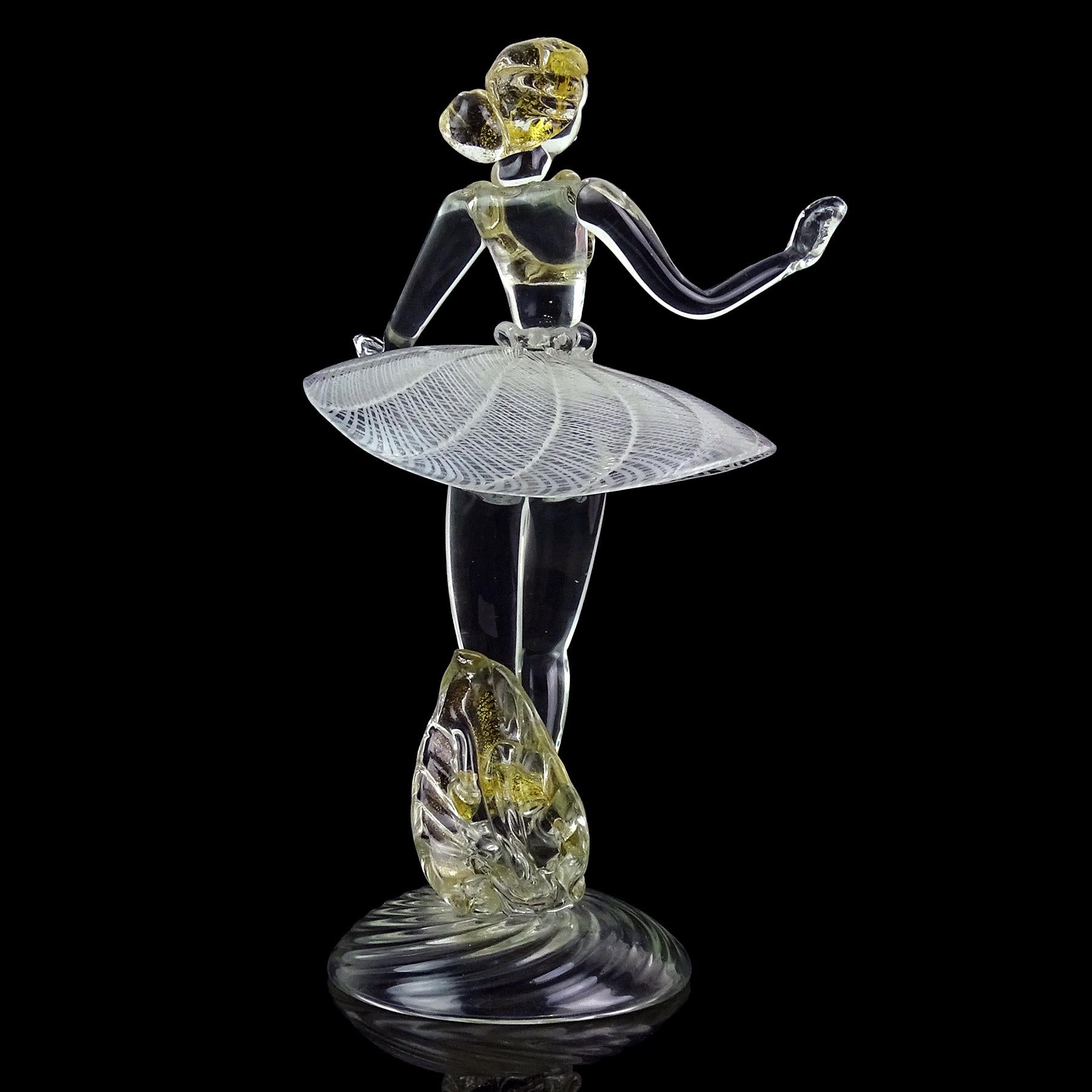 Murano White Zanfirico Ribbons Gold Flecks Italian Art Glass Ballerina Sculpture For Sale 2