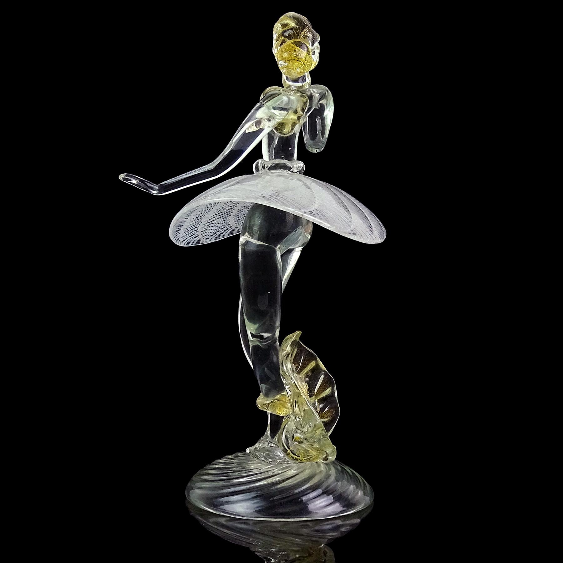 Murano White Zanfirico Ribbons Gold Flecks Italian Art Glass Ballerina Sculpture For Sale 3