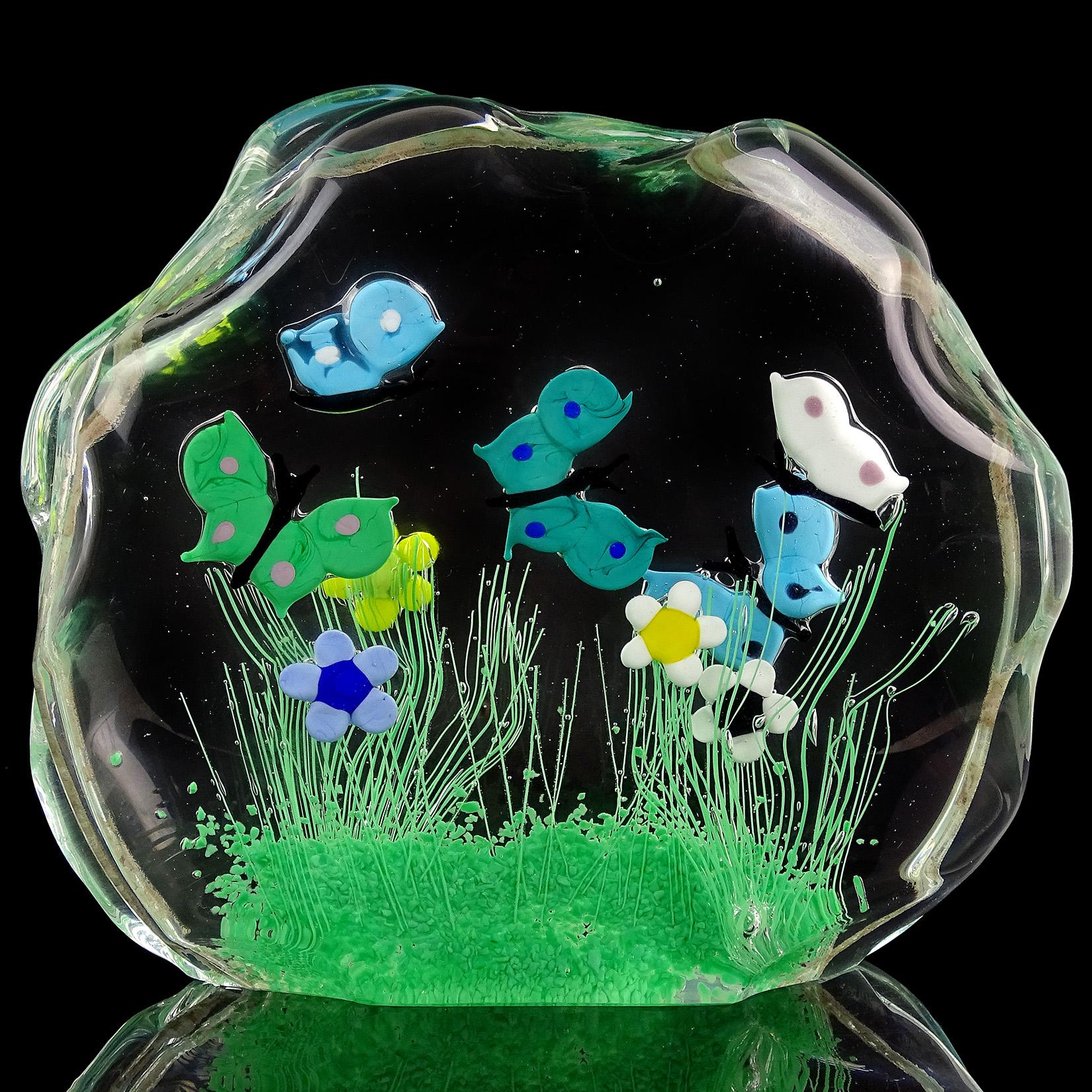 Mid-Century Modern Murano Wild Flower Butterfly Garden Scene Italian Art Glass Block Sculpture For Sale