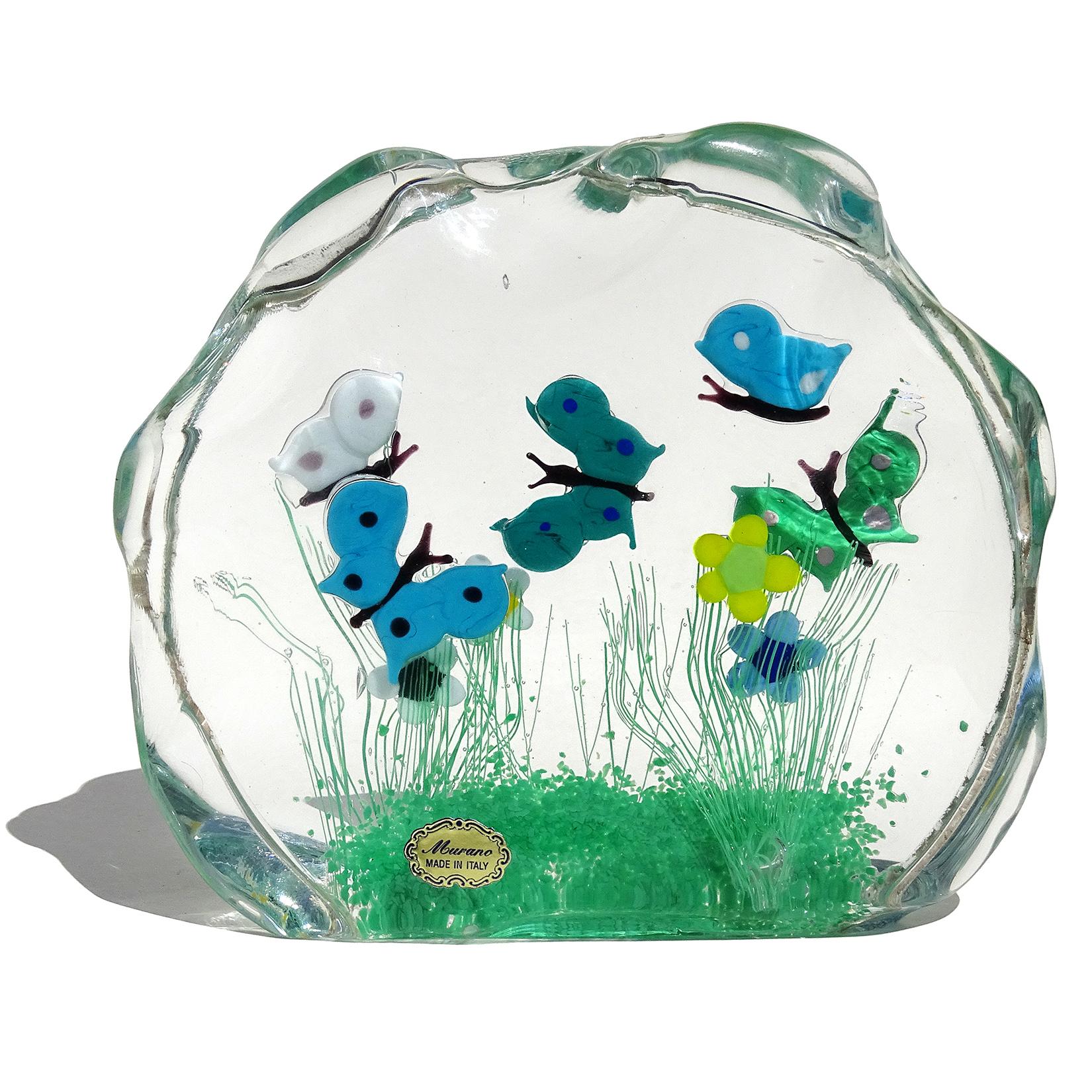 Hand-Crafted Murano Wild Flower Butterfly Garden Scene Italian Art Glass Block Sculpture For Sale
