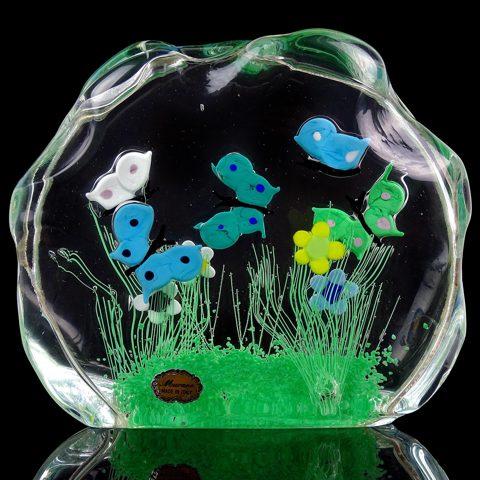 Murano Wild Flower Butterfly Garden Scene Italian Art Glass Block Sculpture In Good Condition For Sale In Kissimmee, FL
