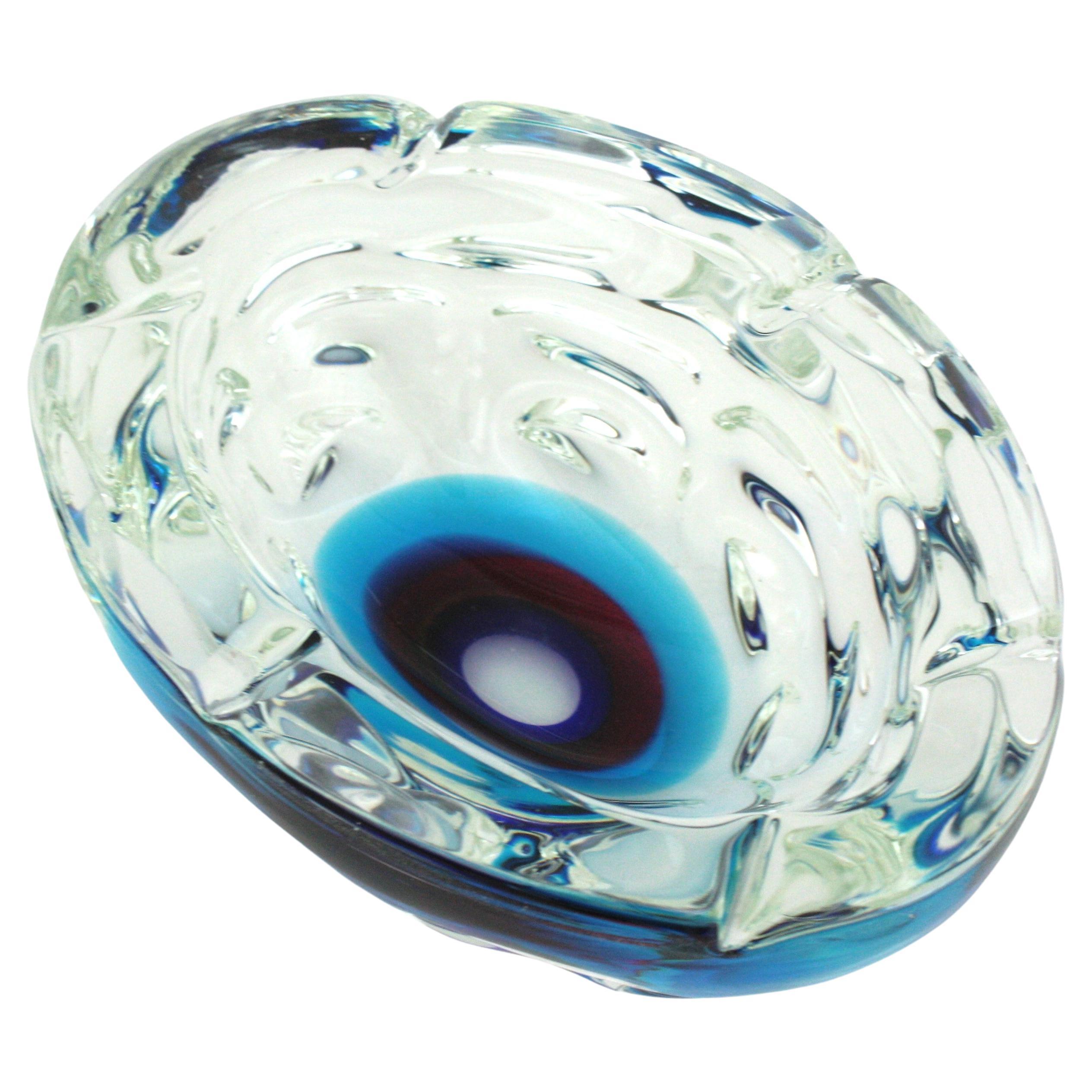 Italian Fulvio Bianconi A Fasce Sommerso XL Murano Art Glass Centerpiece Bowl For Sale